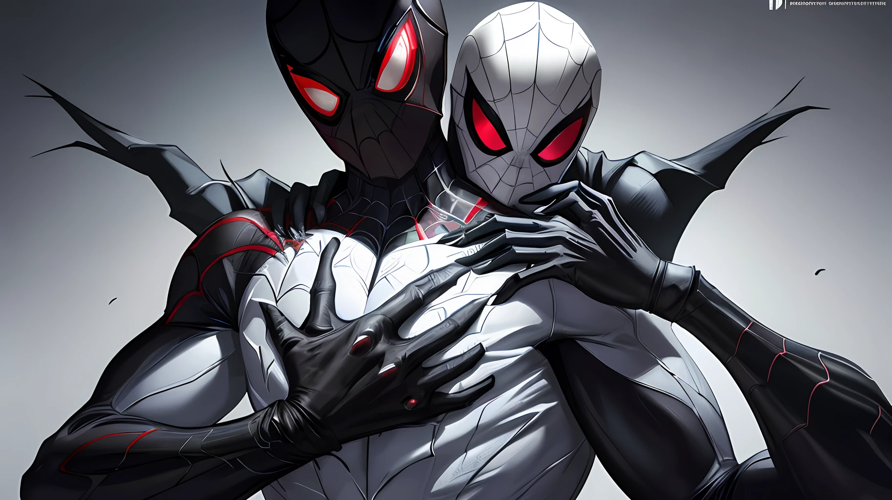 Spider Man in a black suit with spider in the center of his chest in white, organic looking outfit, testura gooey symbiote covering everything, white eyes, fine art, PS5 cinematic screenshot,highly detailed detailed cinematic rendering, ultra photorealistic raytricing, with cinematic lighting