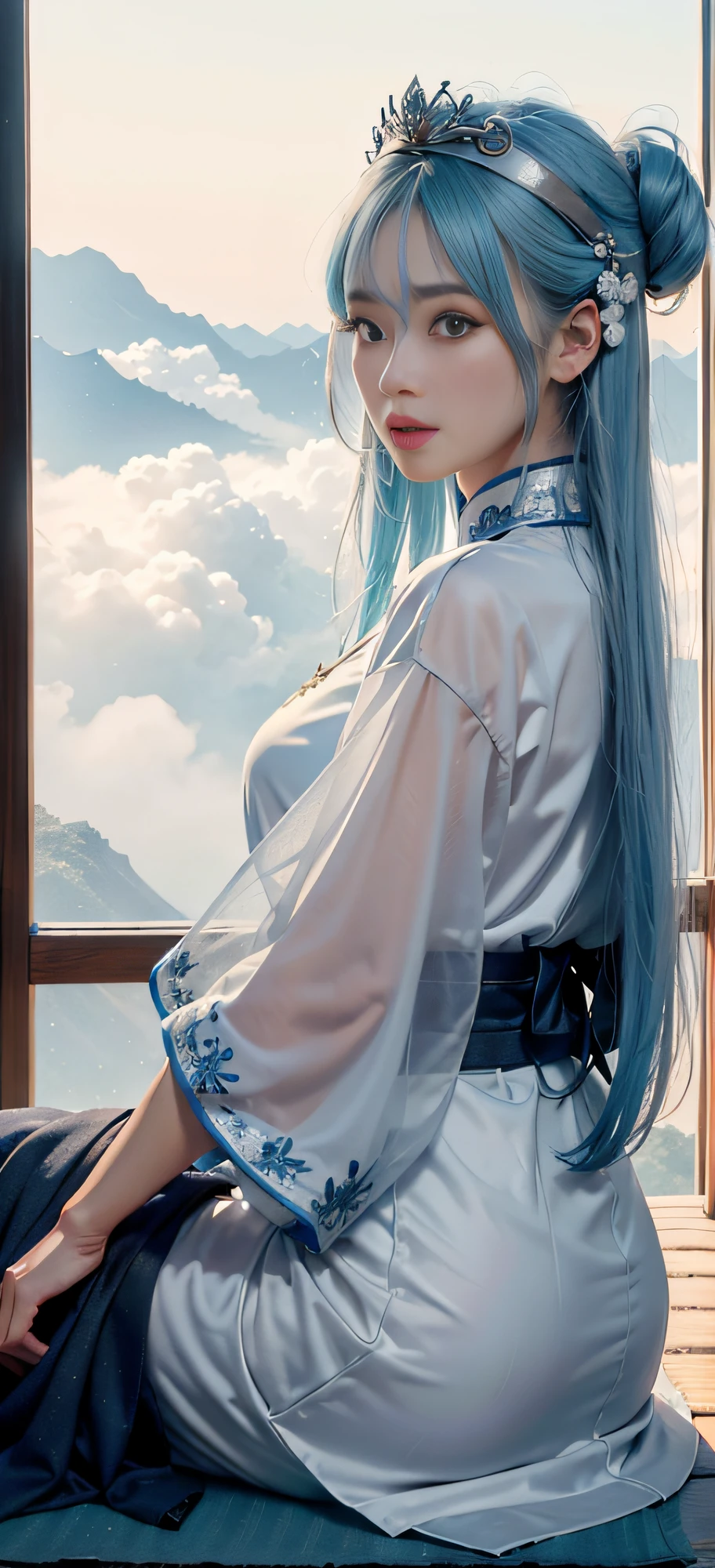 1 girl ((flying)) under the moon, Chinese immortal, dunhuang_cloths, dunhuang_style, (Chinese palace in the sky in the background: 1.5), (clouds on the ground: 1.5, surrounded by smoke: 1.5), best quality, realistic, realistic, award-winning illustrations, (complex details: 1.2), (exquisite details), (intricate details), (cinematic light, best quality backlight), clear lines, fashion girl, sharp focus, realistic face, detailed face, blue and white hair color, Korean face, official art, Unity 8k wallpaper, super high resolution, (Realistic: 1.5), Looking at Viewer, ulzzang-6500, Web Helmet