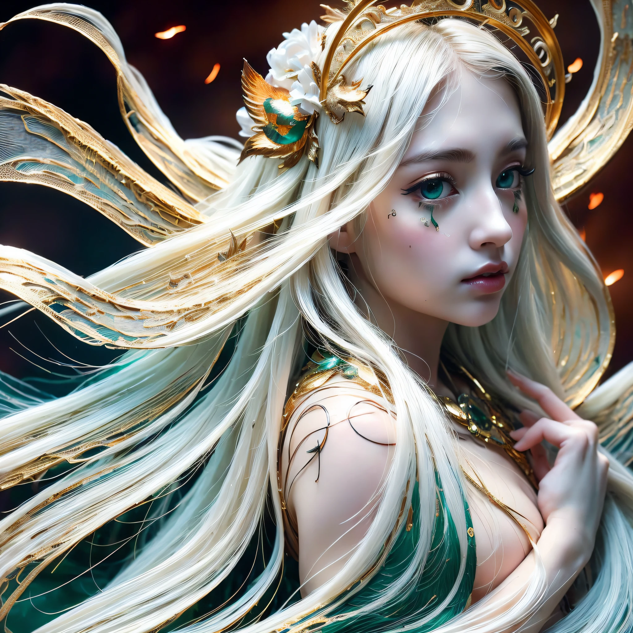 (Masterpiece), (Best Quality), (Super Delicate), (Illustration), (Extremely Delicate and Beautiful), (Dynamic Angle), White and Black Highlights, (Legendary Dragon Queen: 1.3), (Intricate Details) ,Golden Eyes, Green Pupils, Delicate Face, Messy Floating Hair, Messy Hair, Focus, Perfect Hand, (Fantasy Wind), Handsome Shape, (Burning Flame Behind Young Woman)))), (Battlefield Behind Young Woman: 1.2), (((Bloody))), Long hair: 1.2, Hair stick: 1.2, Bun: 1.2, Full body: 1.2, Dragon horn: 1.2, ((flow))), NHJY, white dress, mannequin with gold embellishments, 8k,