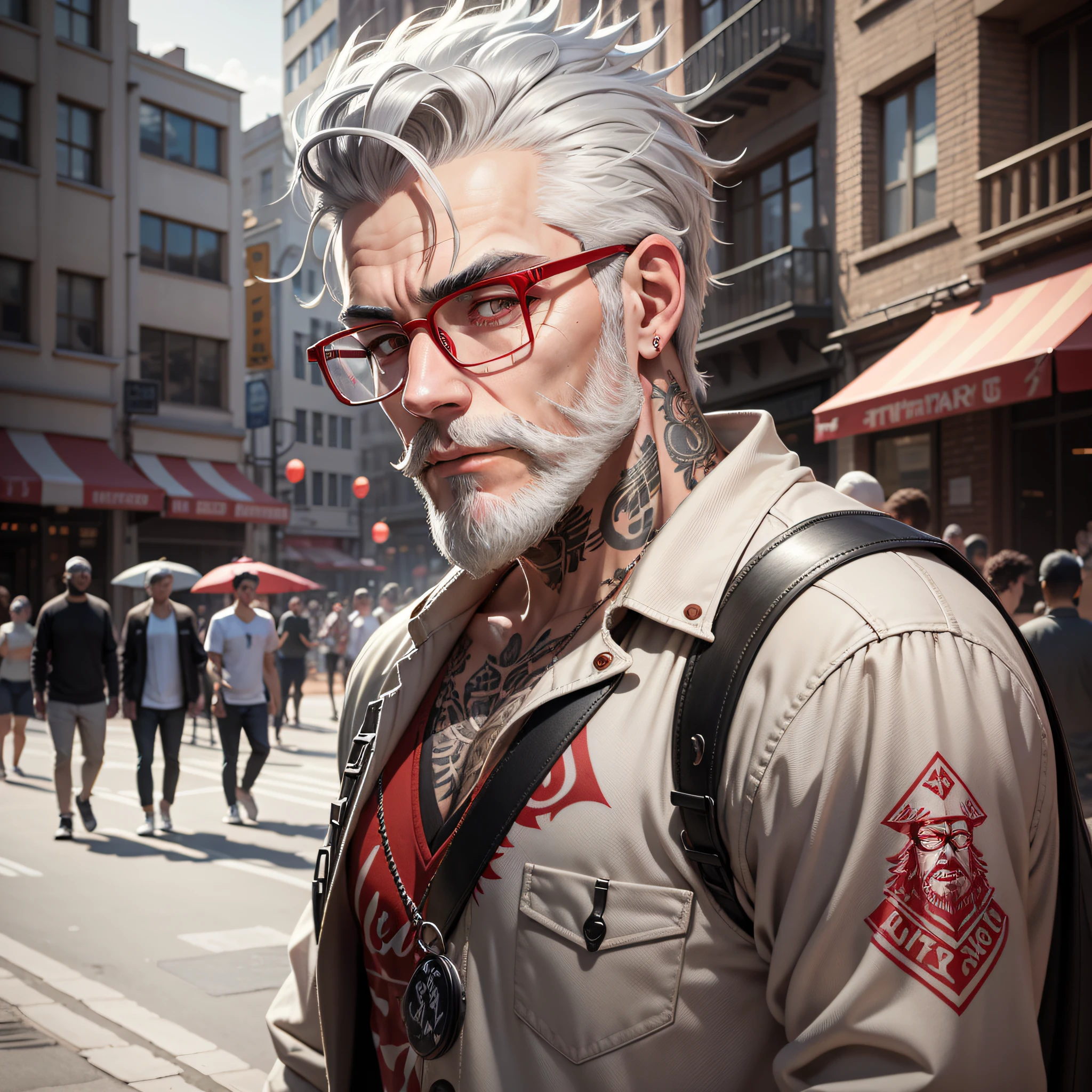 a young man with gray hair, well-trimmed gray beard, has tattoos on his face, wears a red glasses, streetstyle clothes, the environment is an amusement park, realistic drawing style, face focus