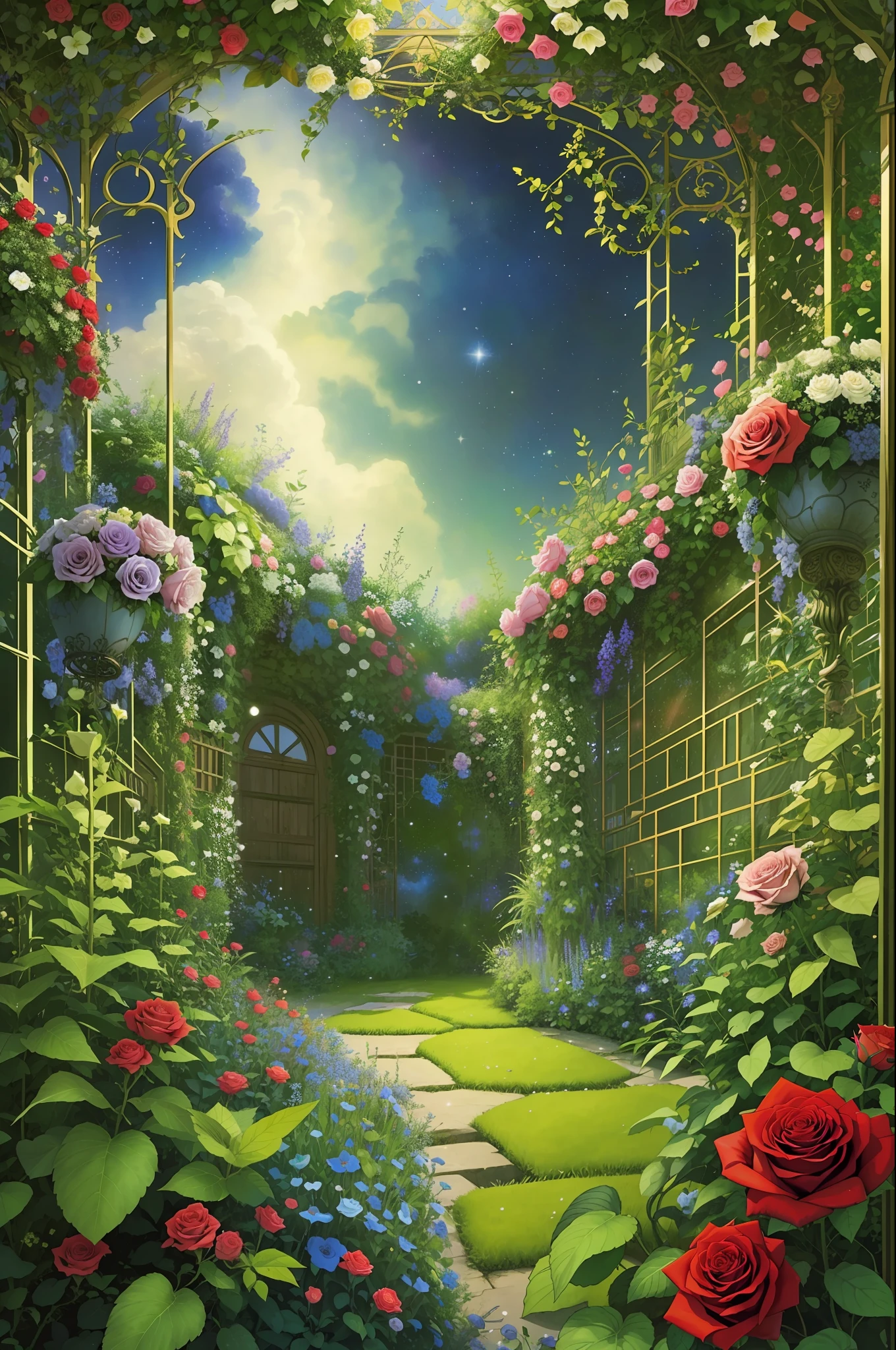 secret garden, lush, floral, rose, botanical, romanticism, moody, space, stars, nebula