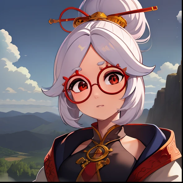 ((extreme detail)),(ultra-detailed), extremely detailed CG unity 8k wallpaper, best quality,  purah_totk, gold hair ornament, hair stick, sleeveless shirt, white jacket, red glasses, looking at viewer, holding, sitting, crossed legs, upper body, sky cloud, tree, mountain,