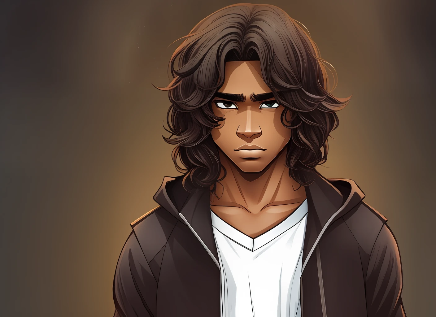 2D character, boy, teenager, his brown skin, cool, straight wavy hair, eyes of an owl, athletic body, somber and tired look. He wears heavy, dark clothes. --auto --s2