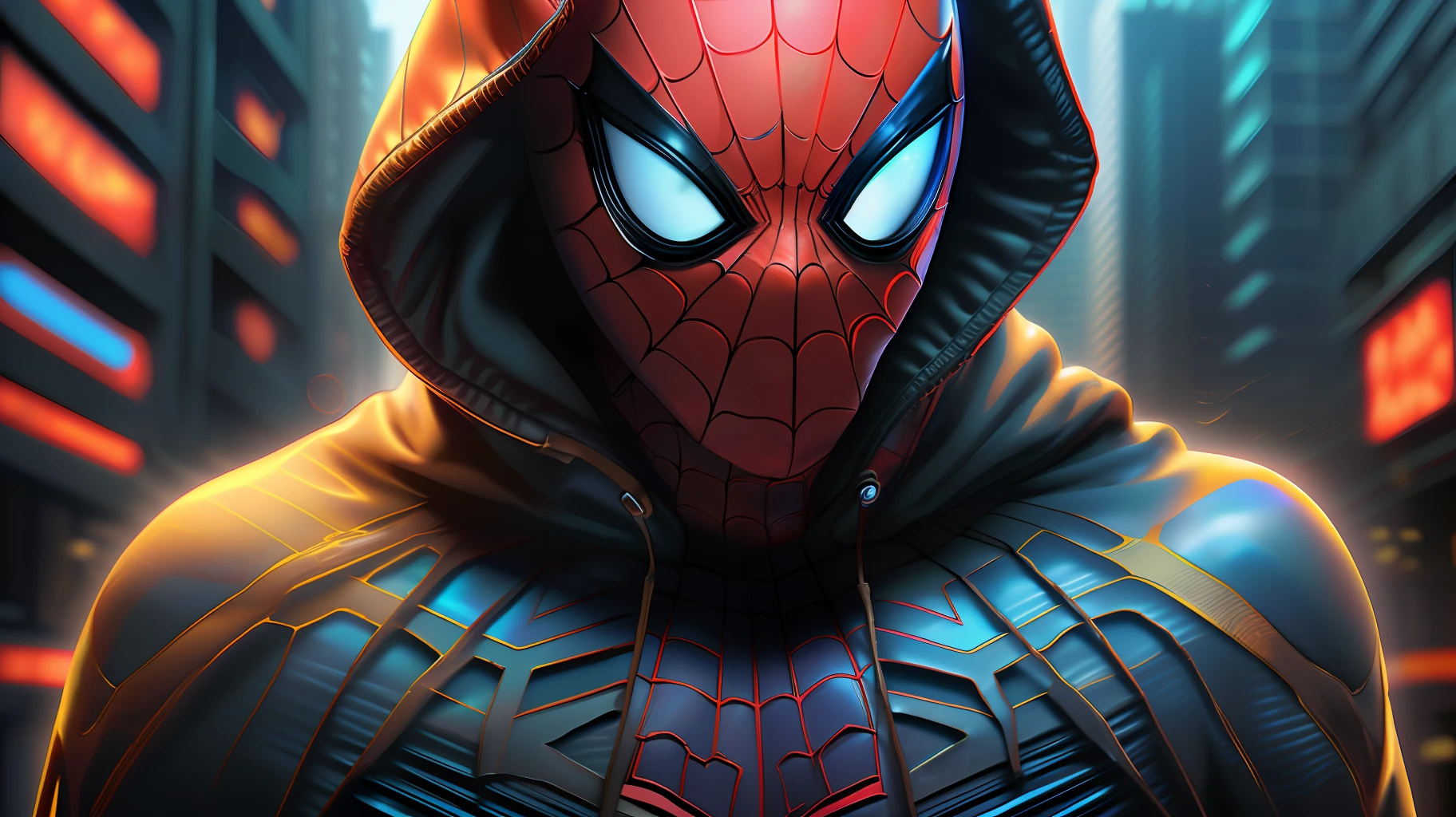 spider - man in a hoodie standing in a city at night, futuristic style spiderman, miles morales!!!, miles morales, wallpaper 4 k, wallpaper 4k, spider - verse art style, into the spiderverse, hq 4k wallpaper, into the spider verse, spiderverse, hero pose colorful city lighting, wojtek fus, 8k render”