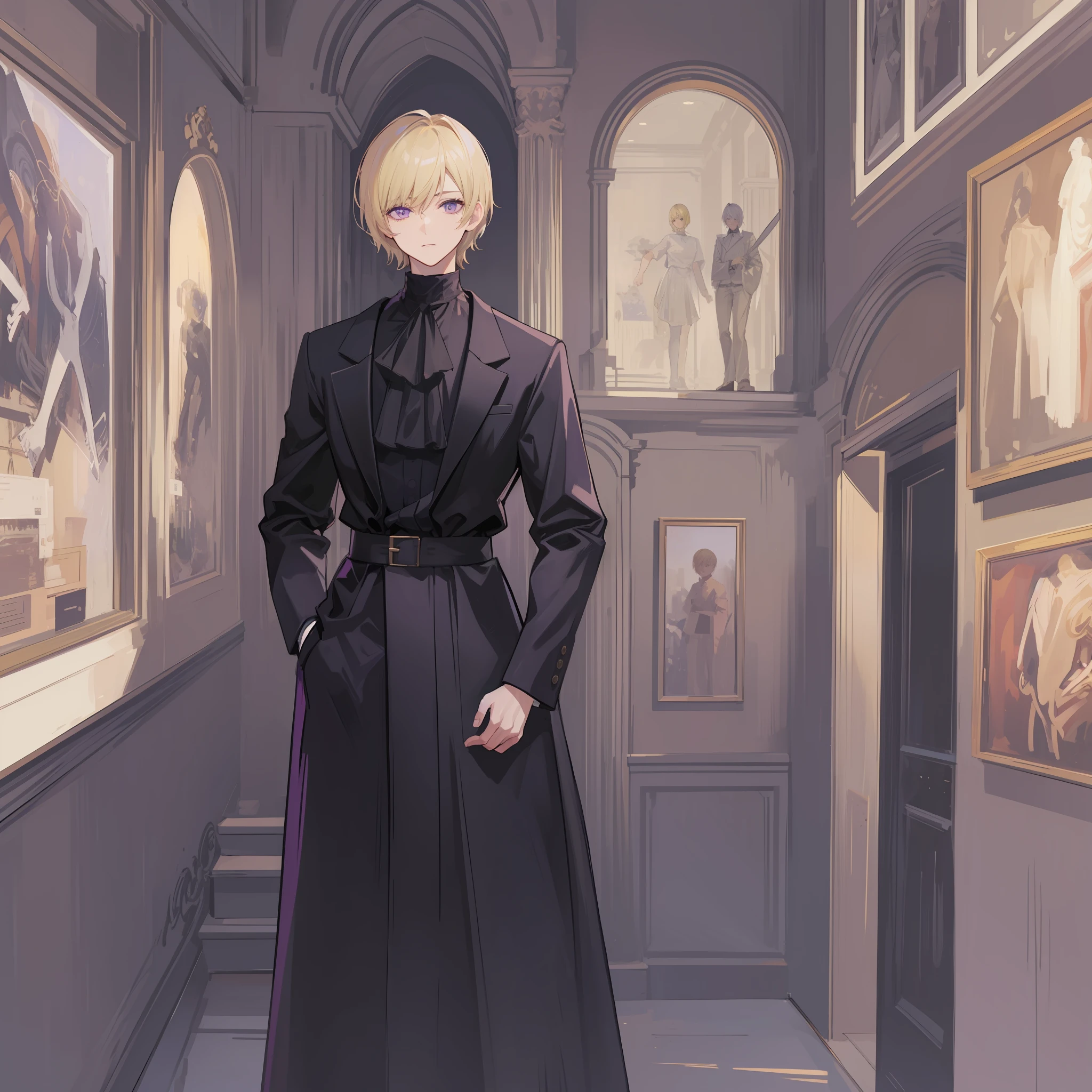 A blonde short hair man, purple eyes, standing in front of statue on art gallery, black clothes