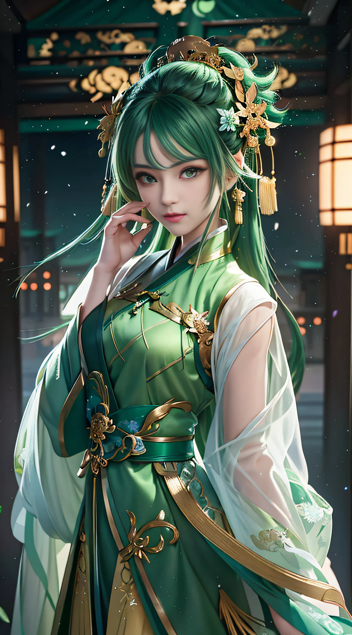 anime girl in green dress with green eyes and green hair, palace ， a girl in hanfu, artwork in the style of guweiz, guweiz, beautiful character painting, by Yang J, beautiful digital artwork, chinese style, inspired by Ai Xuan, inspired by Feng Zhu, by Li Fangying, trending on cgstation, by Ye Xin