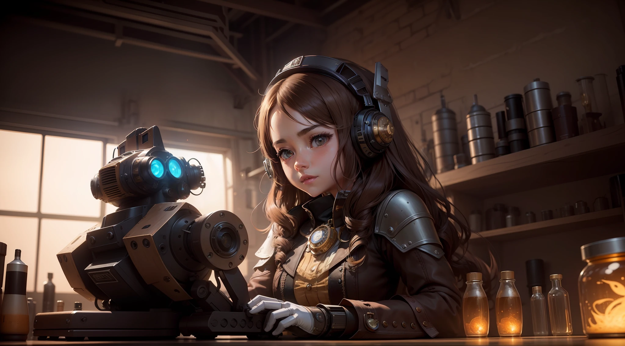 /Imagination Tips: Illustration A beautiful girl with brown hair with long pig ears invents a robot in the lab, invents robot::10, steampunk::12, robot::13, rule of thirds composition:::8, tilt-shift::13, ultra-wide lens: :3, Unreal Engine::15, top light::13, beautiful lights::13, cinematic light::12, bold bright::10, dramatic::13, super quality::12, steampunk cityscape::14 --seed 32455 --s 400 --q 2 --c 40