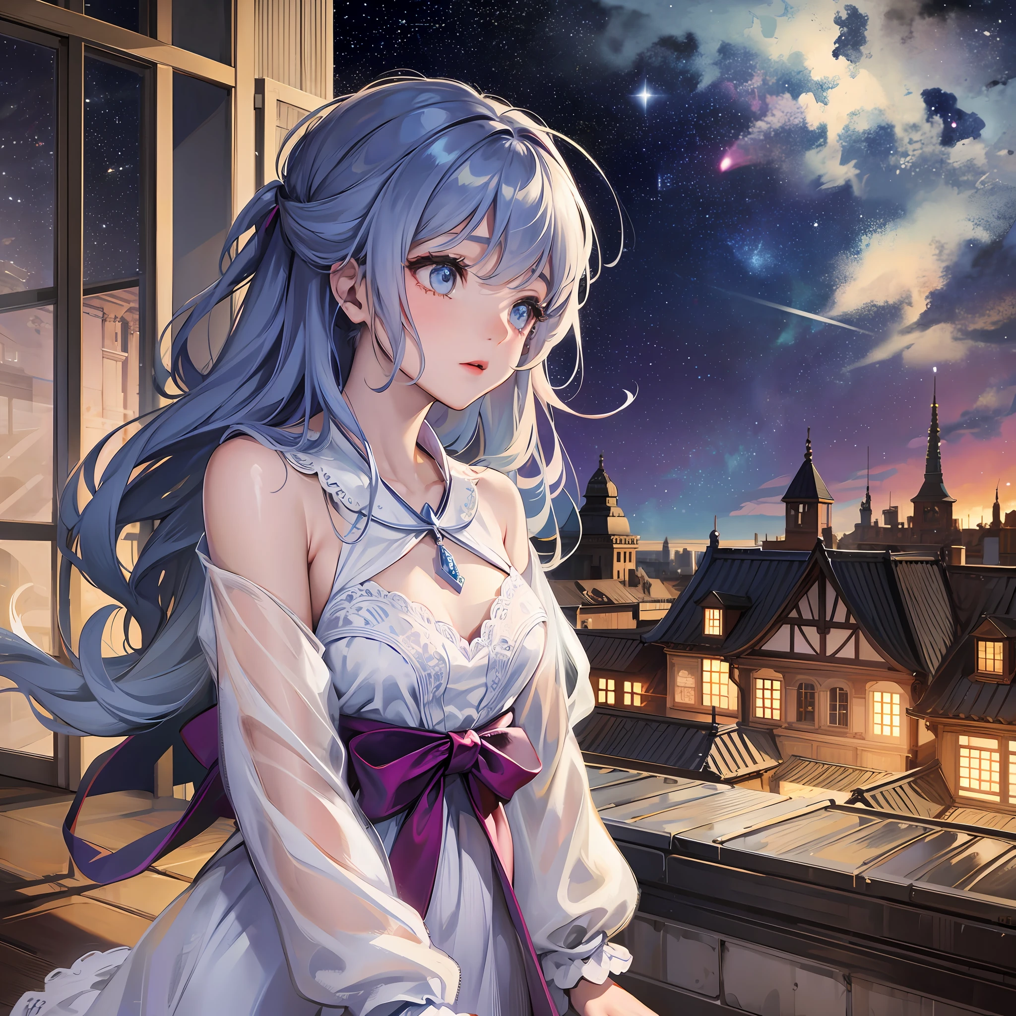 A beautiful girl, lost, sad, on the roof, looking at the starry sky at night --auto --s2