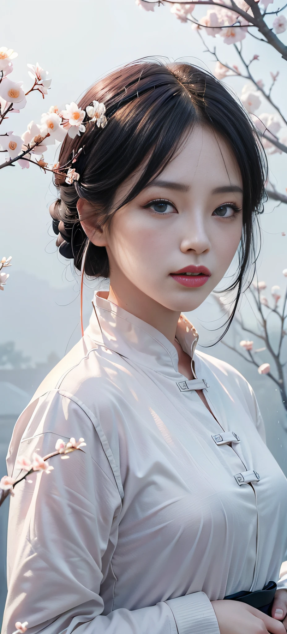 Masterpiece, Excellent, Night, Outdoor, Rainy Day, Branches, Chinese Style, Ancient China, 1 Woman, Mature Woman, Pale Pink Gradient Black Hair Color, Gray-Blue Eyes, Pale Pink Lips, Indifference, Seriousness, Bangs, Assassin, Sword, White Clothes, Surround, Water, Flower, Facial Details, Facial Details