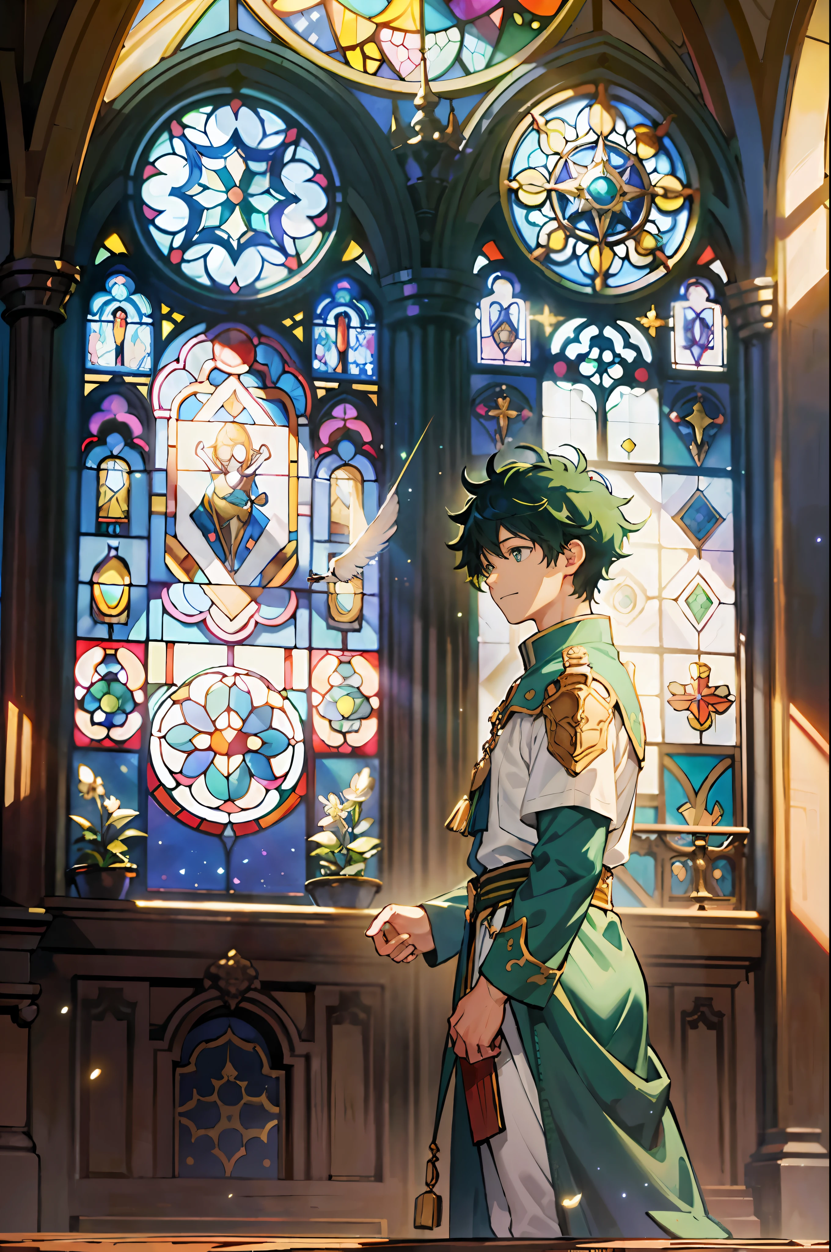 ((Masterpiece: 1.4, highest quality)), ((Masterpiece, highest quality)), (Church: 1.2), (Fragment: 1.2), (Stained Glass: 1.3), Pillar, Sky Cover, Praying, Izuku Midoriya, Priest, Short green hair and big eyes, boy, Delicate hair, Gentle smile, (Light particles), (Feathers: 1.3), (Sunlight coming through the window), Bright atmosphere, (Behold: 1.3), Cowboy Shot