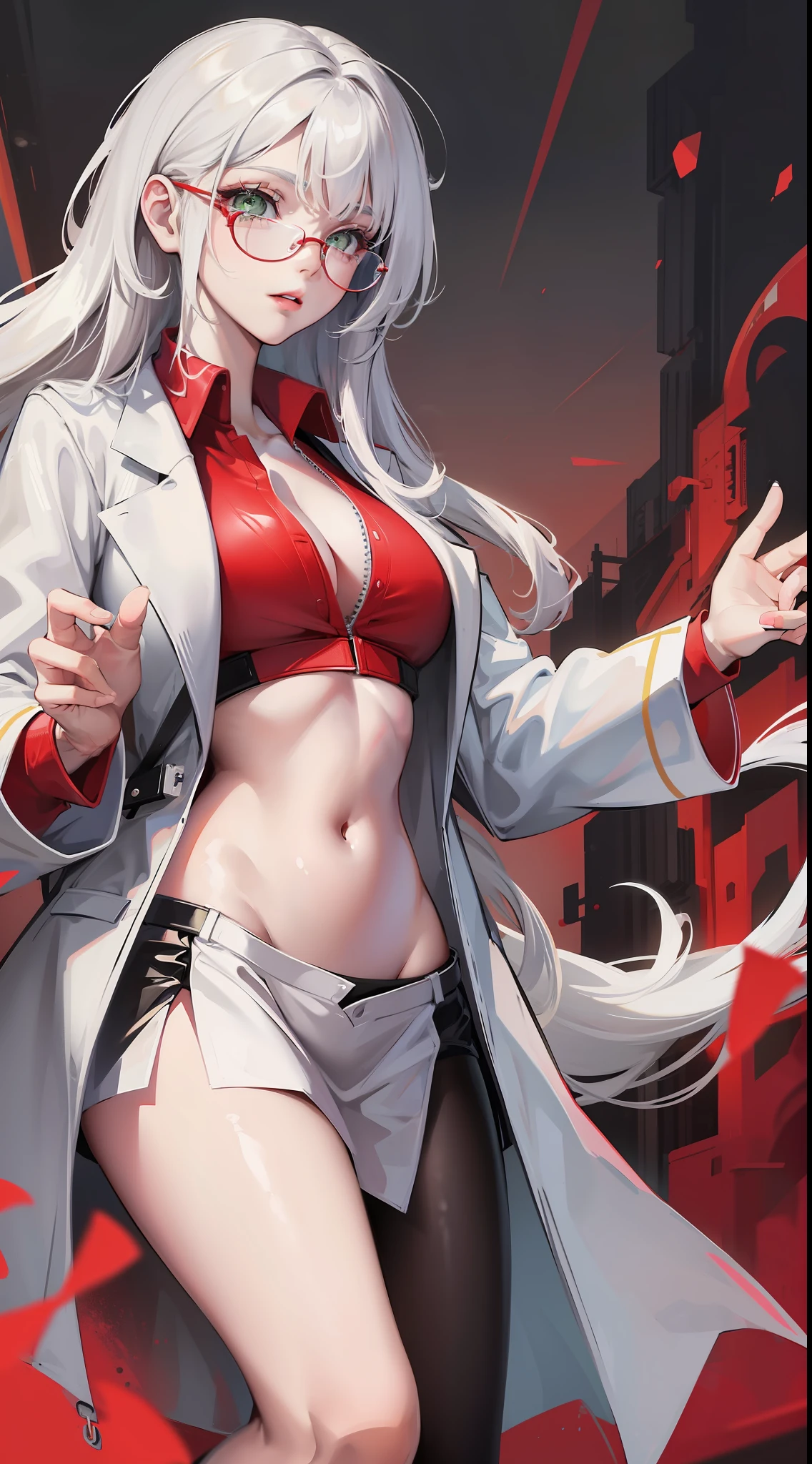 Young girl, long white hair, green eyes, red glasses, lab coat, rich beautiful shirt, open belly, masterpiece, high quality