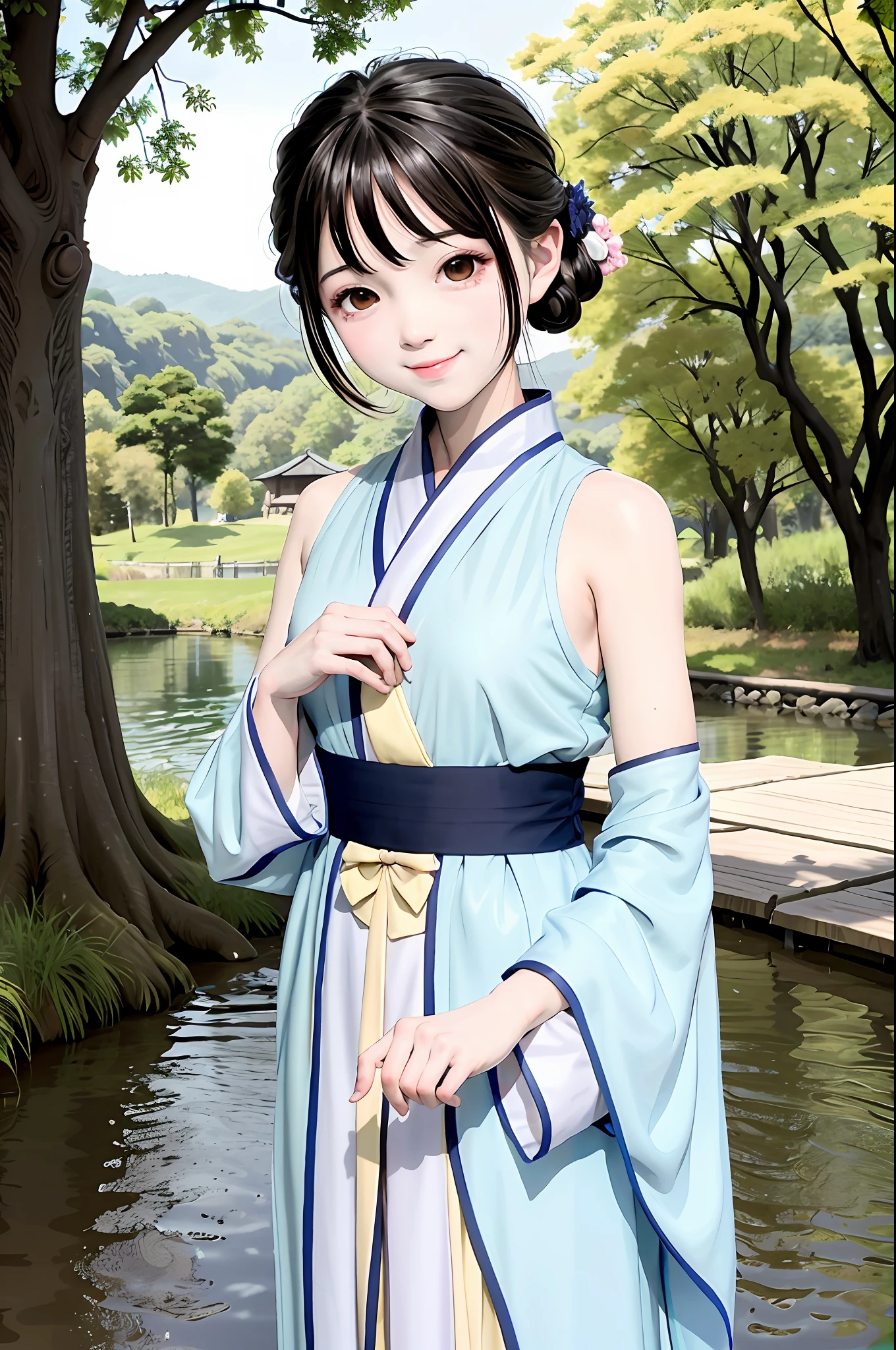 (masterpiece),best quality,good anatomy, shuimobysim,(1 girl:1), (upper body),(smile),short hair,(hanfu),(ecchi0.5), (trees:0.5), (flowers:0.6) ,(wooden house:0.2),(bamboo forest:0.2),(creek:0.2),(river:0.2),