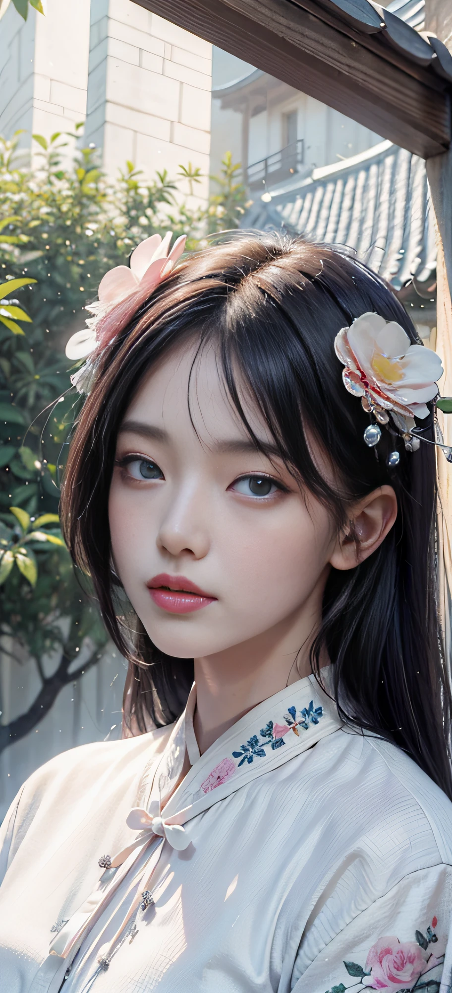 Masterpiece, Excellent, Night, Outdoor, Rainy Day, Branches, Chinese Style, Ancient China, 1 Woman, Mature Woman, Pale Pink Gradient Black Hair Color, Gray-Blue Eyes, Pale Pink Lips, Indifference, Seriousness, Bangs, Assassin, Sword, White Clothes, Surround, Water, Flower, Facial Details, Facial Details