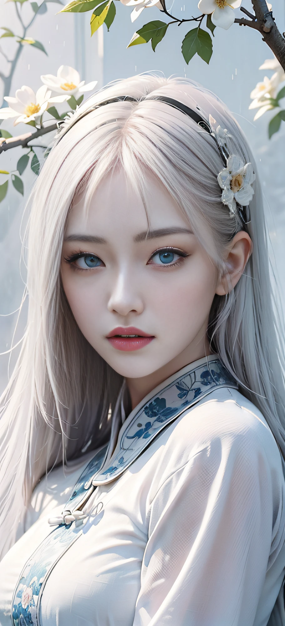 Masterpiece, Excellent, Night, Outdoor, Rainy Day, Branches, Chinese Style, Ancient China, 1 Woman, Mature Woman, Light White Hair Color, Gray Blue Eyes, Pale Pink Lips, Indifference, Serious, Bangs, Assassin, Sword, White Clothes, Surrounding, Water, Flower, Facial Details, Facial Details