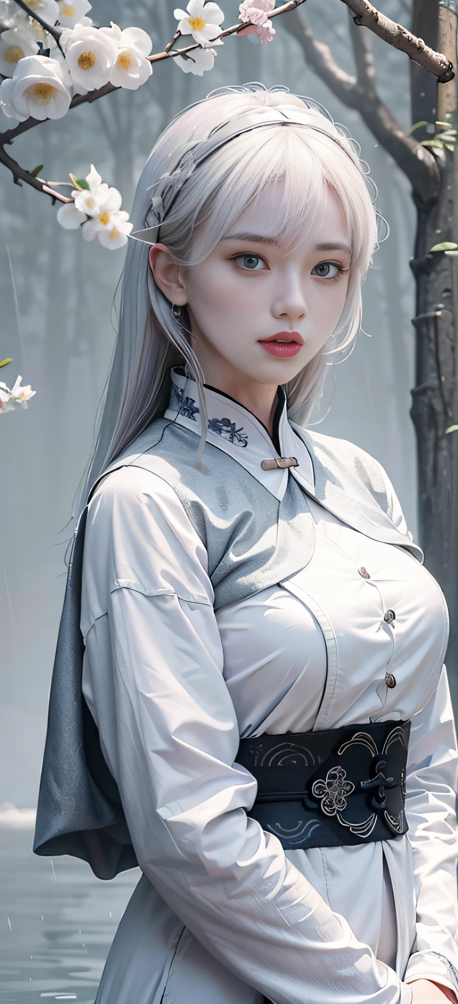 Masterpiece, Excellent, Night, Outdoor, Rainy Day, Branches, Chinese Style, Ancient China, 1 Woman, Mature Woman, Light White Hair Color, Gray Blue Eyes, Pale Pink Lips, Indifference, Serious, Bangs, Assassin, Sword, White Clothes, Surrounding, Water, Flower, Facial Details, Facial Details