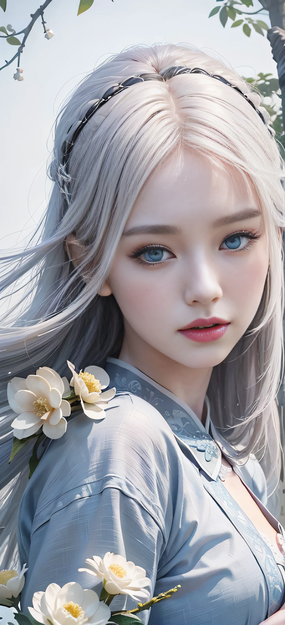 Masterpiece, Excellent, Night, Outdoor, Rainy Day, Branches, Chinese Style, Ancient China, 1 Woman, Mature Woman, Light White Hair Color, Gray Blue Eyes, Pale Pink Lips, Indifference, Serious, Bangs, Assassin, Sword, White Clothes, Surrounding, Water, Flower, Facial Details, Facial Details