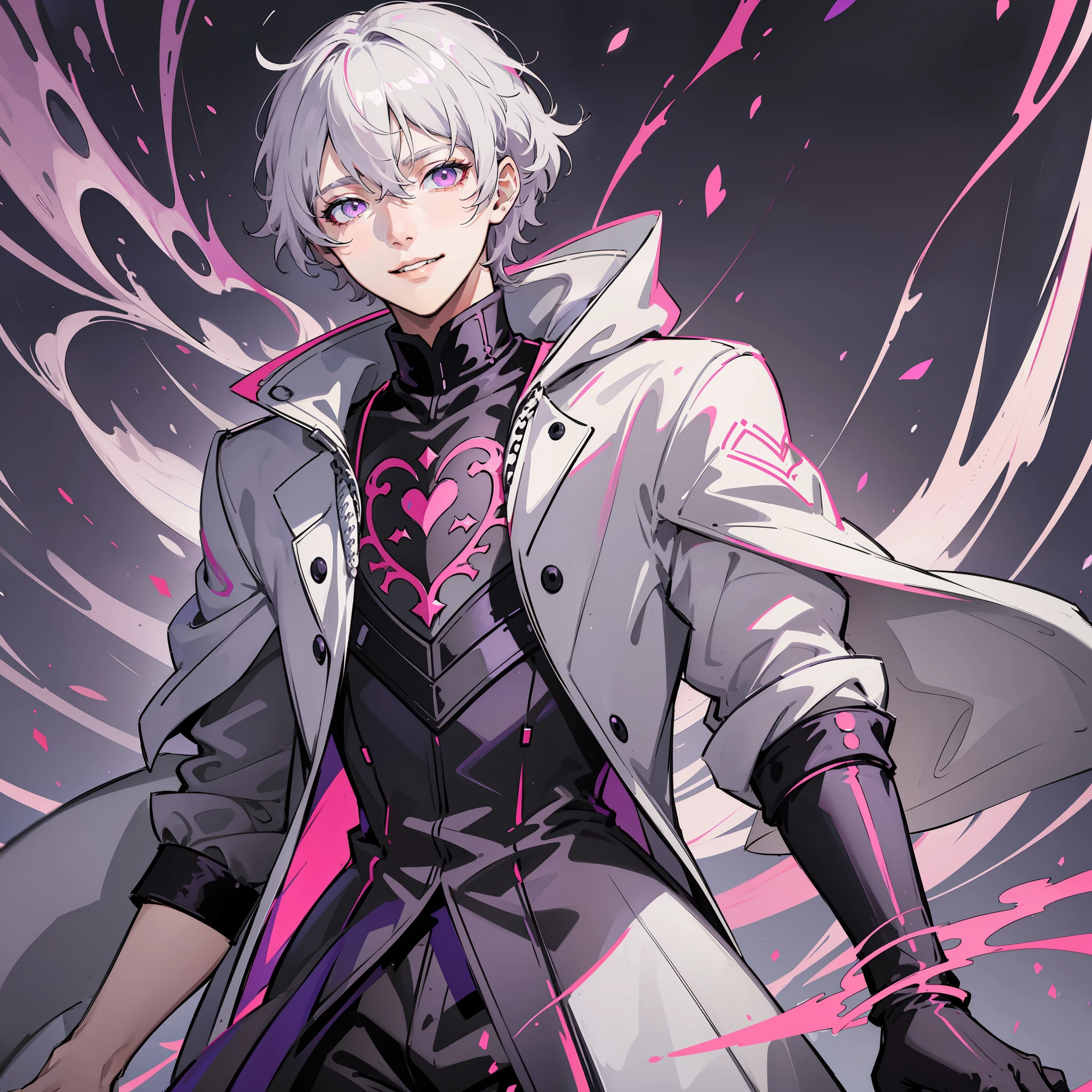 solo, short white flowing hair, boy in the persona 5 royal style with pink colored eyes. black and purple prince's clothing. smiling. scary background. white hair. grey background. smoky background. hd. 4k. masterpiece.