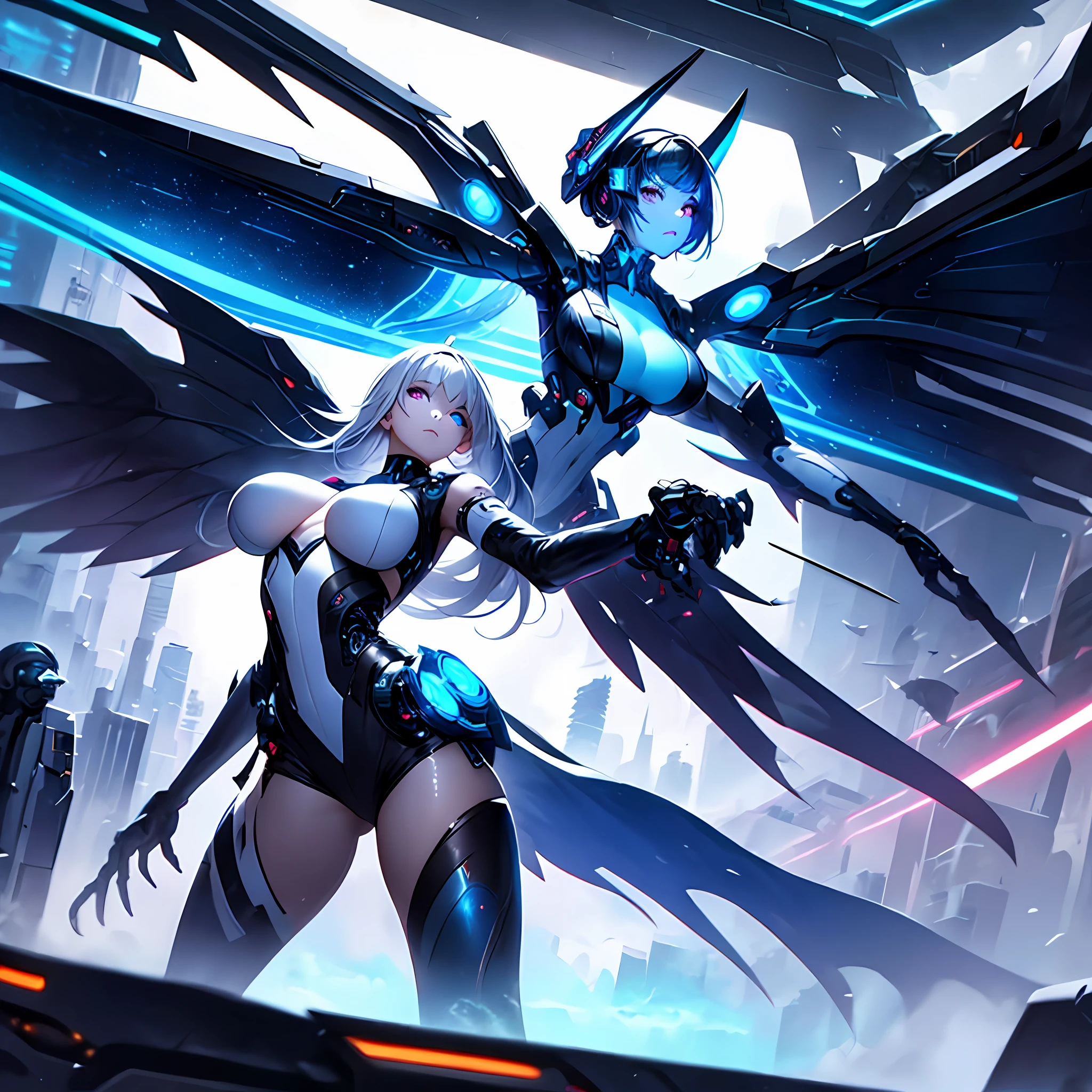 a beautiful and dangerous world, a world in the clouds, a white world, techno heaven. Describe the visual elements of a cloud inspired world were everything is white with colors as lighting, including the use of neon lights, glowing lines and shapes, and the distinctive blue and white color scheme. combine, futuristic, technological, details, enhancements, aesthetic, visuals, elemental, virtual reality, digital realm, sexy and beautiful, elegant and mysterious, dangerous and deadly. a cyborg girl next to a harpy robot (huge boobs:1.2)