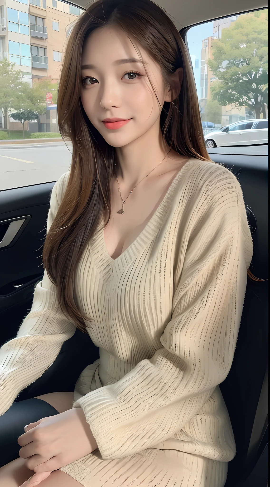 ((Best Quality, 8k, Masterpiece:1.3)), Focus:1.2, Perfect Body Beauty:1.4, Buttocks:1.2, ((Delicate Hair)), (Sweater Dress:1.1) , (Sports car, street: 1.2), Highly detailed face and skin texture, Detailed eyes, Double eyelids, whitening skin, Big breasts, smile, wearing necklaces, rings, people sitting in cars with their buttocks up,
