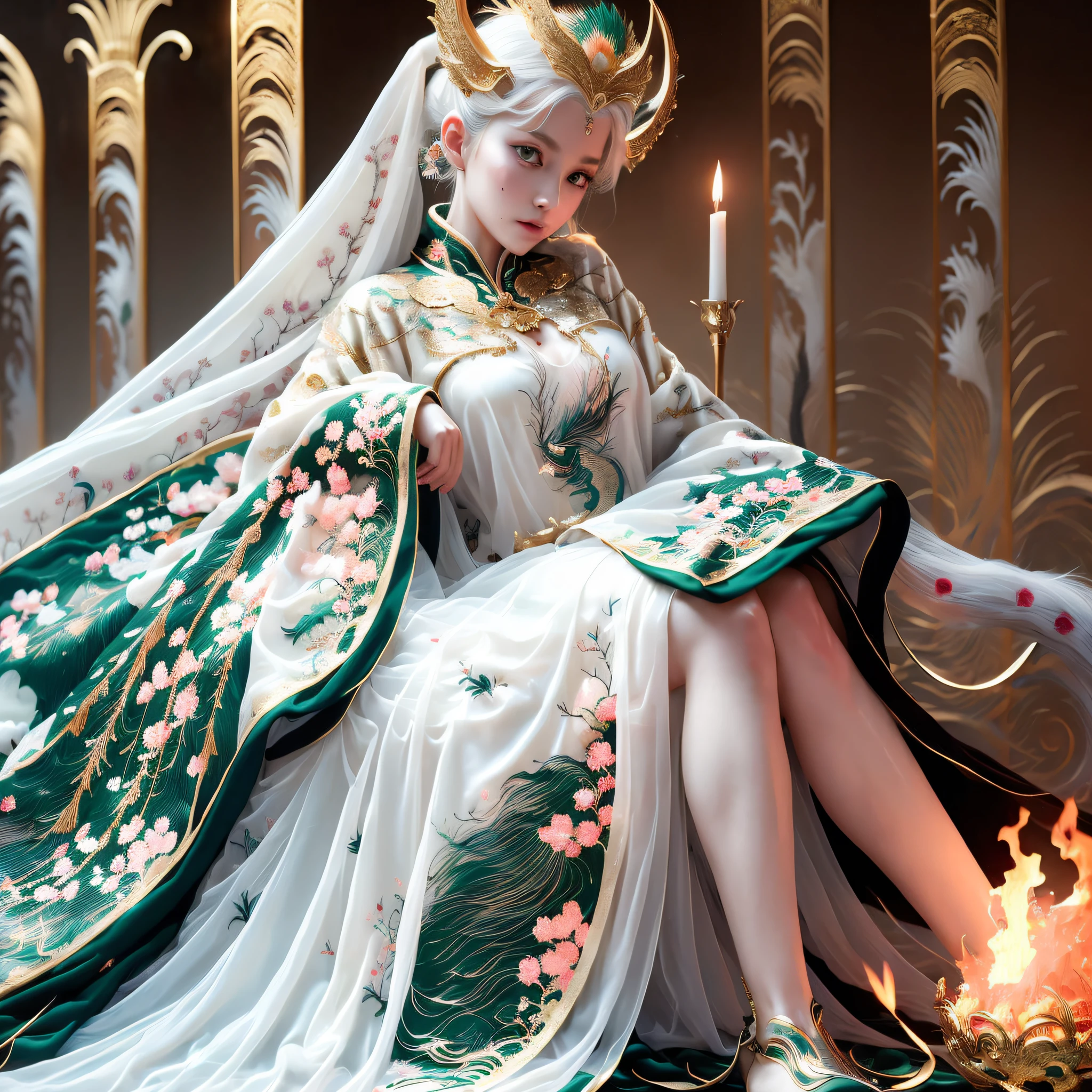 (Masterpiece), (Best Quality), (Super Delicate), (Illustration), (Extremely Delicate and Beautiful), (Dynamic Angle), White and Black Highlights, (Legendary Dragon Queen: 1.3), (Intricate Details) ,Golden Eyes, Green Pupils, Delicate Face, Messy Floating Hair, Messy Hair, Focus, Perfect Hand, (Fantasy Wind), Handsome Shape, (Burning Flame Behind Young Woman)))), (Battlefield Behind Young Woman: 1.2), (((Bloody))), Long hair: 1.2, Hair stick: 1.2, Bun: 1.2, Full body: 1.2, Dragon horn: 1.2, ((flow))), NHJY, white dress, mannequin with gold embellishments, 8k,