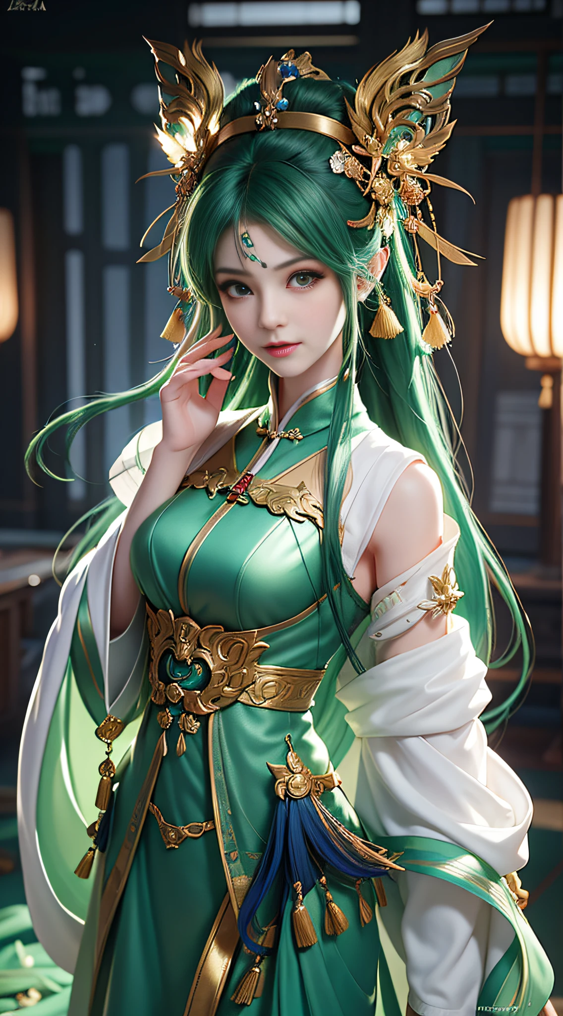 there is a woman in a green dress with a green hair, extremely detailed artgerm, artgerm lau, palace ， a girl in hanfu, ruan jia and artgerm, inspired by Lan Ying, inspired by Ju Lian, by Yang J, a beautiful fantasy empress, ! dream artgerm, by ruan jia and stanley artgerm