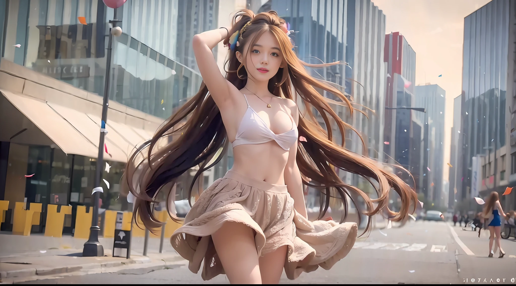 (masterpiece:1.5), illustration, 4k, 8k, (high quality:1.1), very detailed, detailed face, HDR, bright colors, natural lighting, beautiful eyes, detailed eyes, colorful eyes, pretty face, 1girl, long hair, messy hair, brown hair, double braids, headbands, hair accessories, cheerleaders, ((no clothes)), pompoms, cheers, standing on the side of the main road, arms open, ((confetti)), smile, open mouth, build shot, medium scene, (()), ((sexyfull body, slender body, ((bare waist)), thin legs, ((enchanting))