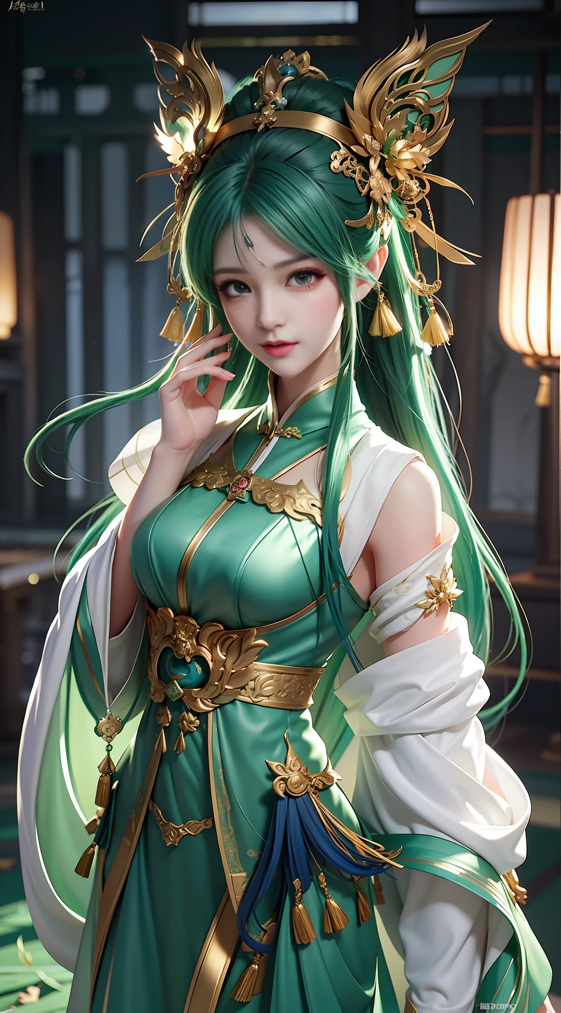 there is a woman in a green dress with a green hair, extremely detailed artgerm, artgerm lau, palace , a girl in hanfu, ruan jia and artgerm, inspired by Lan Ying, inspired by Ju Lian, by Yang J, a beautiful fantasy empress, ! dream artgerm, by ruan jia and stanley artgerm