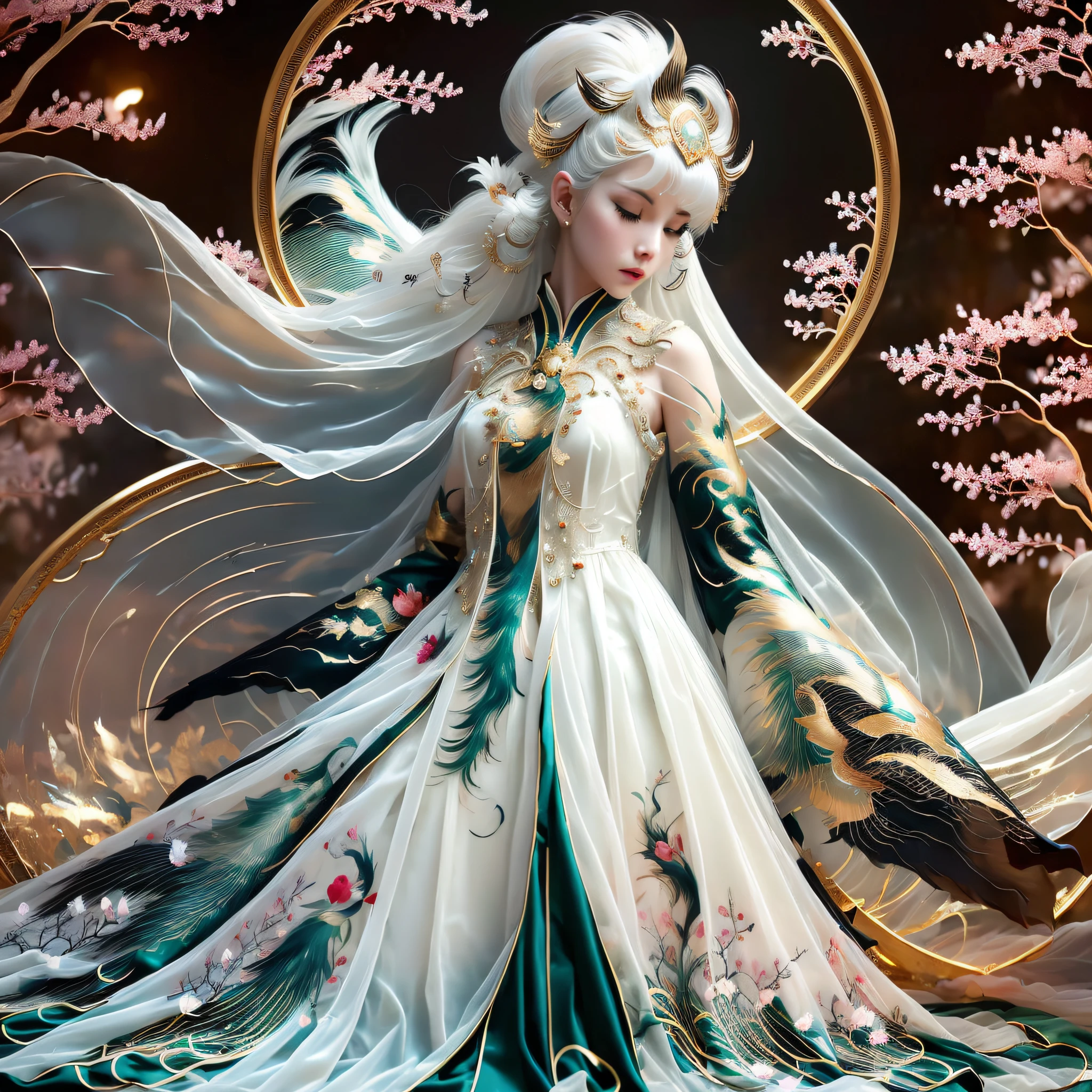 (Masterpiece), (Best Quality), (Super Delicate), (Illustration), (Extremely Delicate and Beautiful), (Dynamic Angle), White and Black Highlights, (Legendary Dragon Queen: 1.3), (Intricate Details) ,Golden Eyes, Green Pupils, Delicate Face, Messy Floating Hair, Messy Hair, Focus, Perfect Hand, (Fantasy Wind), Handsome Shape, (Burning Flame Behind Young Woman)))), (Battlefield Behind Young Woman: 1.2), (((Bloody))), Long hair: 1.2, Hair stick: 1.2, Bun: 1.2, Full body: 1.2, Dragon horn: 1.2, ((flow))), NHJY, white dress, mannequin with gold embellishments, 8k, enchanting