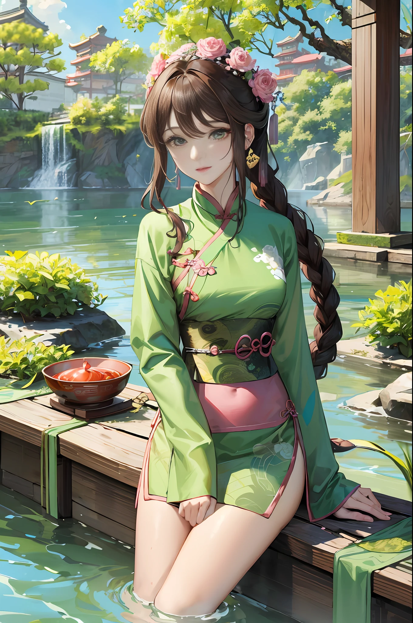 Masterpiece Superb Daytime Outdoor Waterside Festival Celebration A Woman Mature Woman Chinese Style Ancient China Sister Royal Sister Indifferent Expression Expressionless Dark Brown Hair Green Eyes Single Twist Braided Curly Hair Double Pill Head Green Clothes Light Pink Lips Calm Knowledgeable Distribution Card Doctor Herbs Dragon Boat Race Zongzi