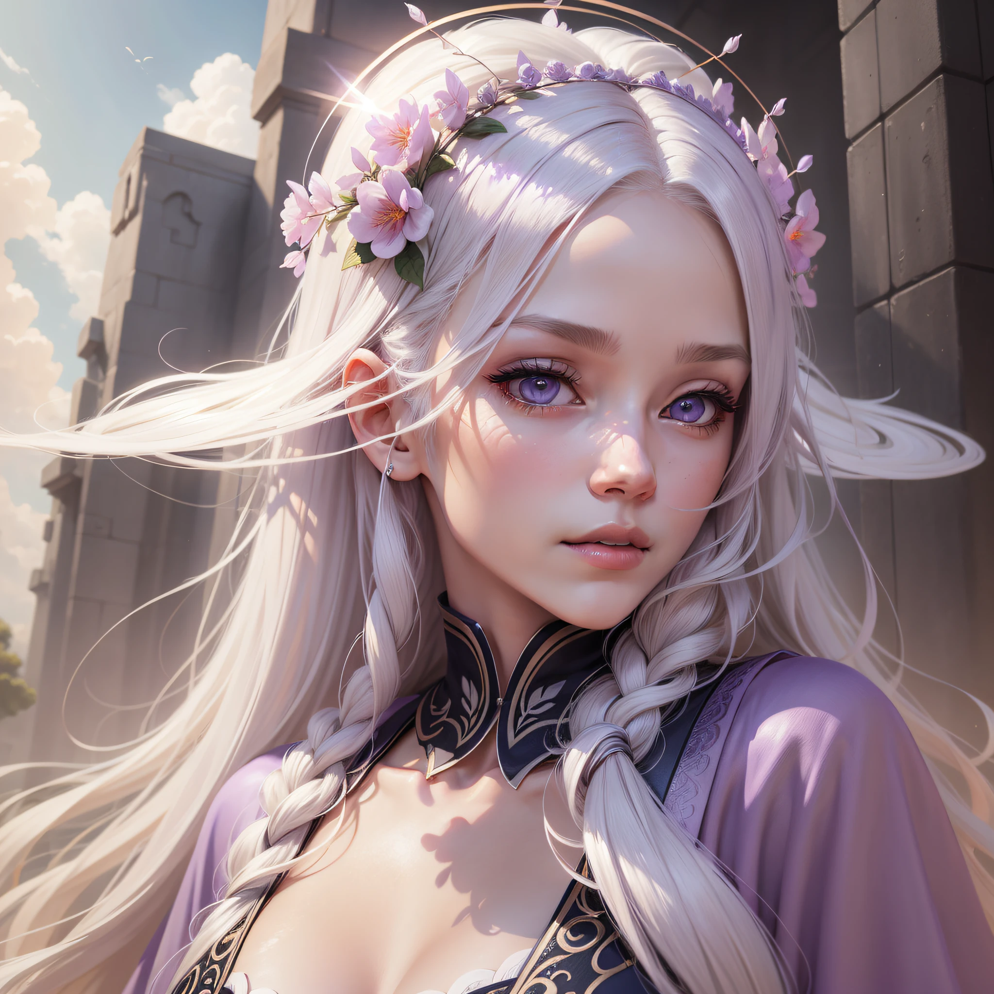 A woman with palissima skin, super long platinum blond hair, has a halo on her head, wears lilac robe, the environment is the sky, realistic drawing style, face focus