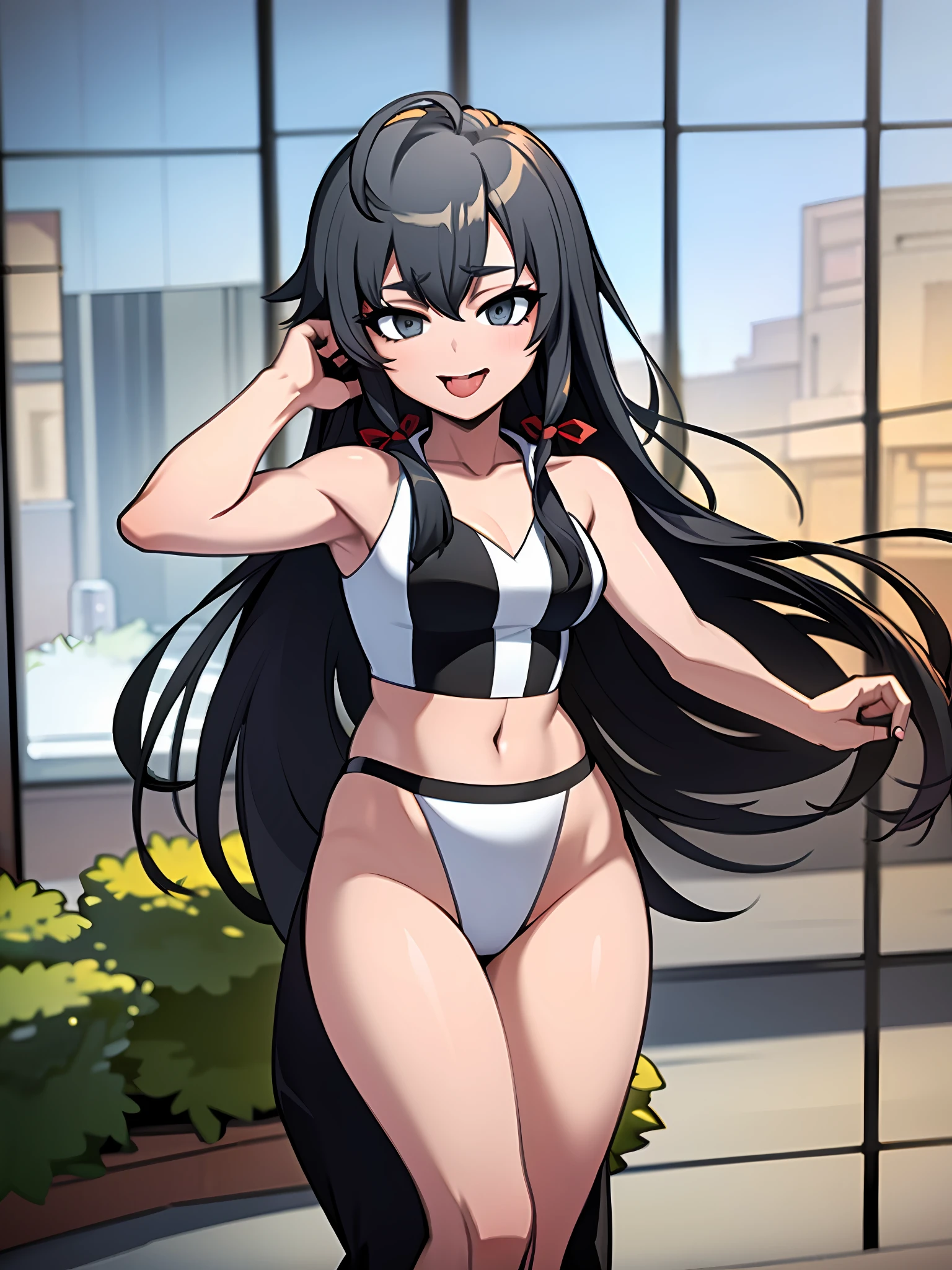 ((Masterpiece, Best Quality)), (Solo), (Female Focus), (Ahoge, Black Hair, Long Hair), Black Eyes, Opening, Frontal, Showgirl, Pole Girl, Cute, Sexy, Tongue