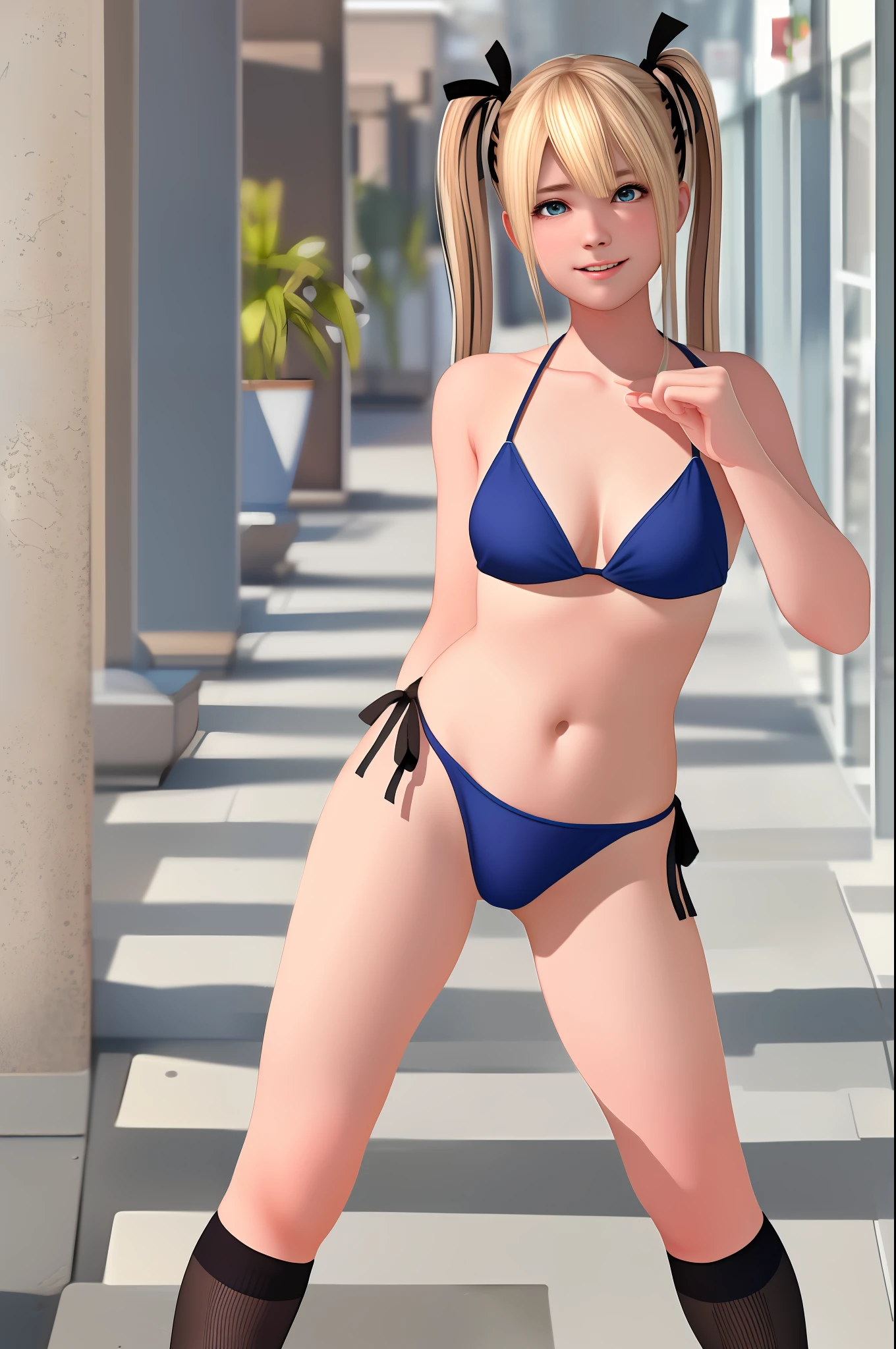 Best Quality, 8K Quality, High Quality, Detailed Images, 1 Girl, Solo, Full Body Marie Rose, Smile, Embarrassing, Blushing, Small Plump Breasts, Breast Laughter, Slender Body, Metallic Dark Blue Ultra Micro Bikini, Strongly Tucked Into the Pubic Cleft, Standing Pose, Legs Shoulder-Width Apart and Hips Protruding Forward, Black High Socks, Brown Loafers, Staring at the Viewer, Facing the Viewer, White thighs, stone corridor