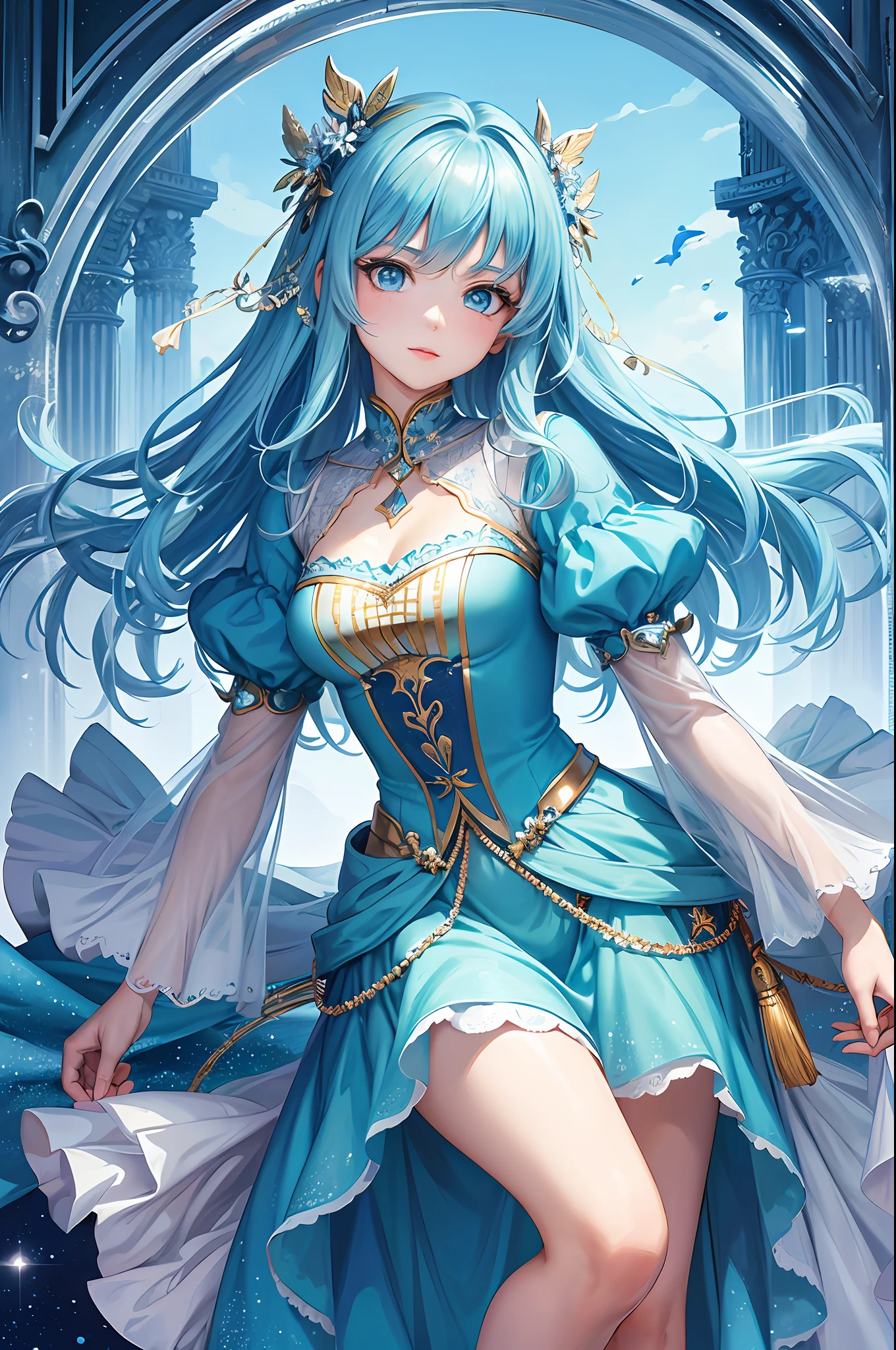 (Masterpiece, Top Quality, Best Quality, Official Art, Beauty and Aesthetics: 1.2), (1girl: 1.3), (Fractal Art: 1.3), Vibrant Aqua Blue Eyes, Medium Hair with Tassels, Fairy, Full Body, Fairy Background