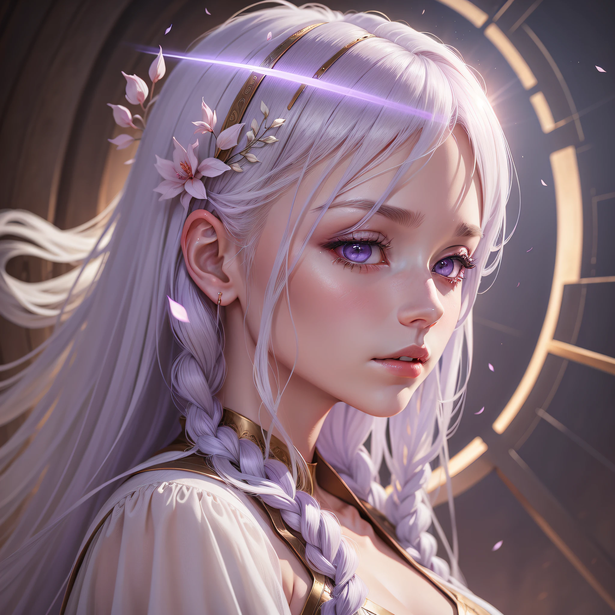 A woman with palissima skin, super long platinum blond hair, has a halo on her head, wears lilac robe, the environment is the sky, realistic drawing style, face focus