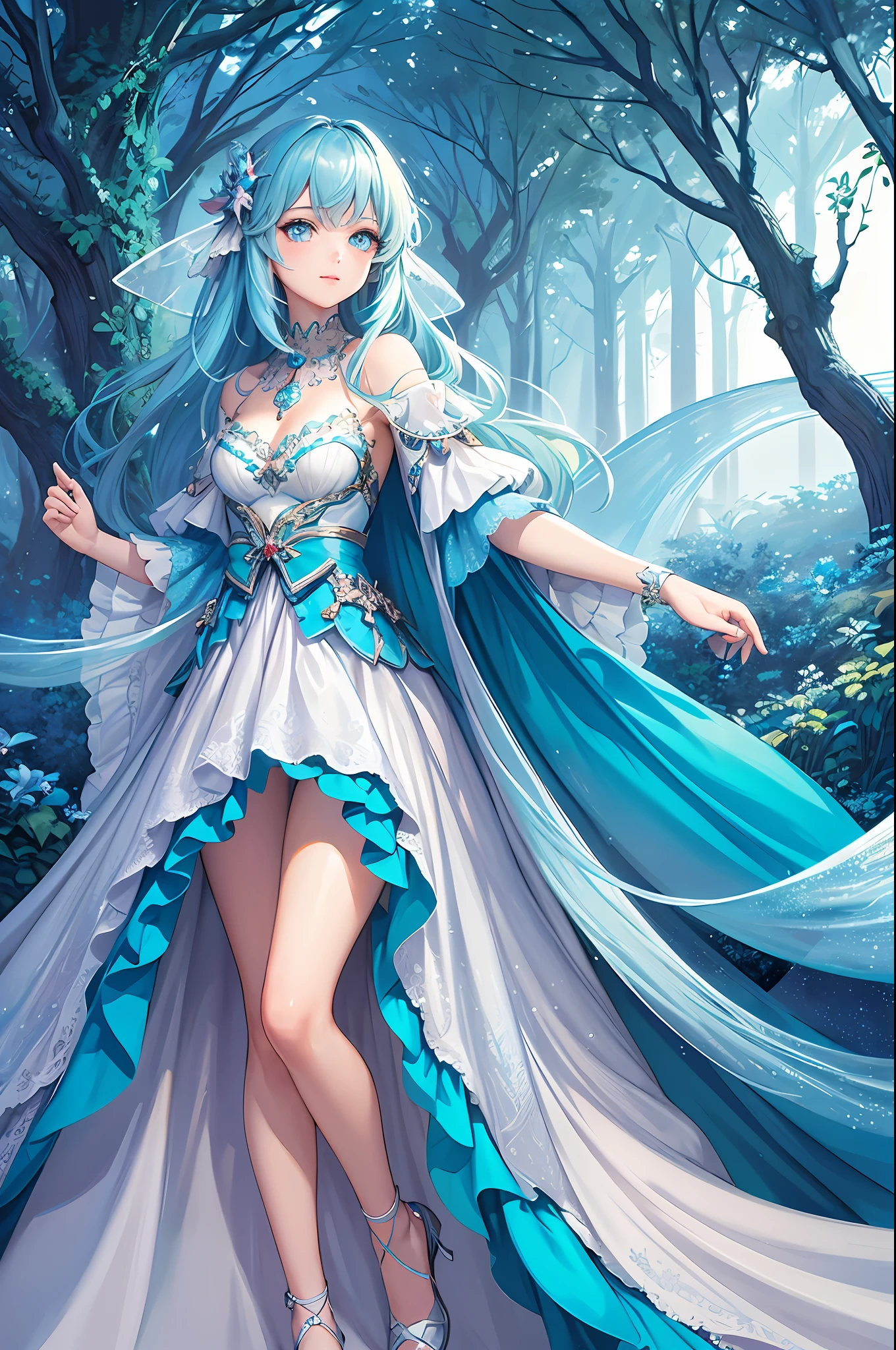 (Masterpiece, Top Quality, Best Quality, Official Art, Beauty and Aesthetics: 1.2), (1girl: 1.3), (Fractal Art: 1.3), Vibrant Aqua Blue Eyes, Medium Hair with Tassels, Fairy, Full Body, Fairy Background