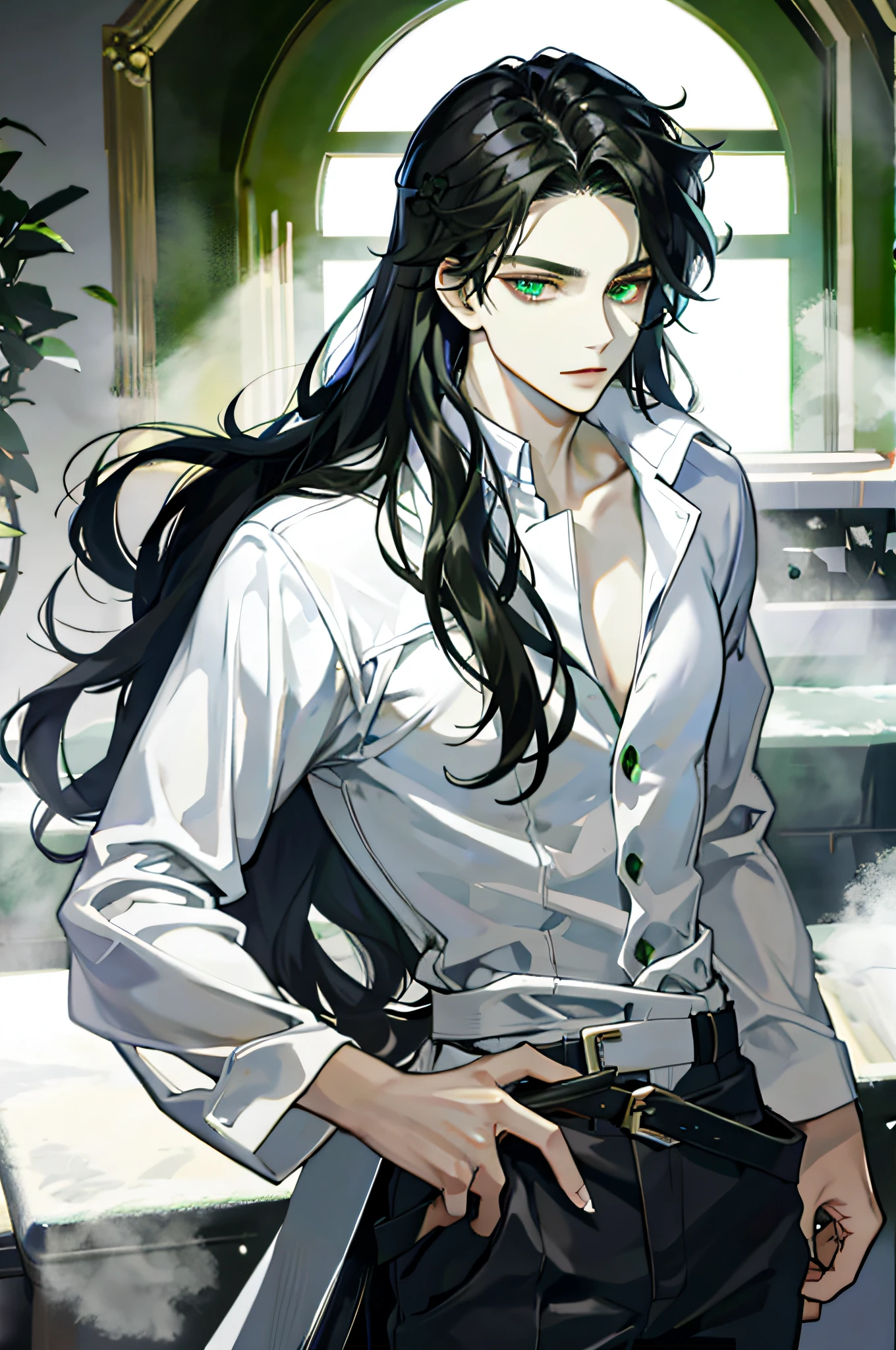 Black hair, long hair, green eyes, sexy, royalty, bad boy, white skin, high quality, very detailed, detailed face, bathtub, take a bath