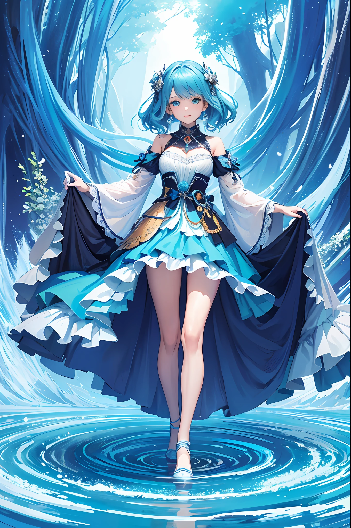 (Masterpiece, Top Quality, Best Quality, Official Art, Beauty and Aesthetics: 1.2), (1girl: 1.3), (Fractal Art: 1.3), Vibrant Aqua Blue Eyes, Medium Hair with Tassels, Full Body, Equal Proportions