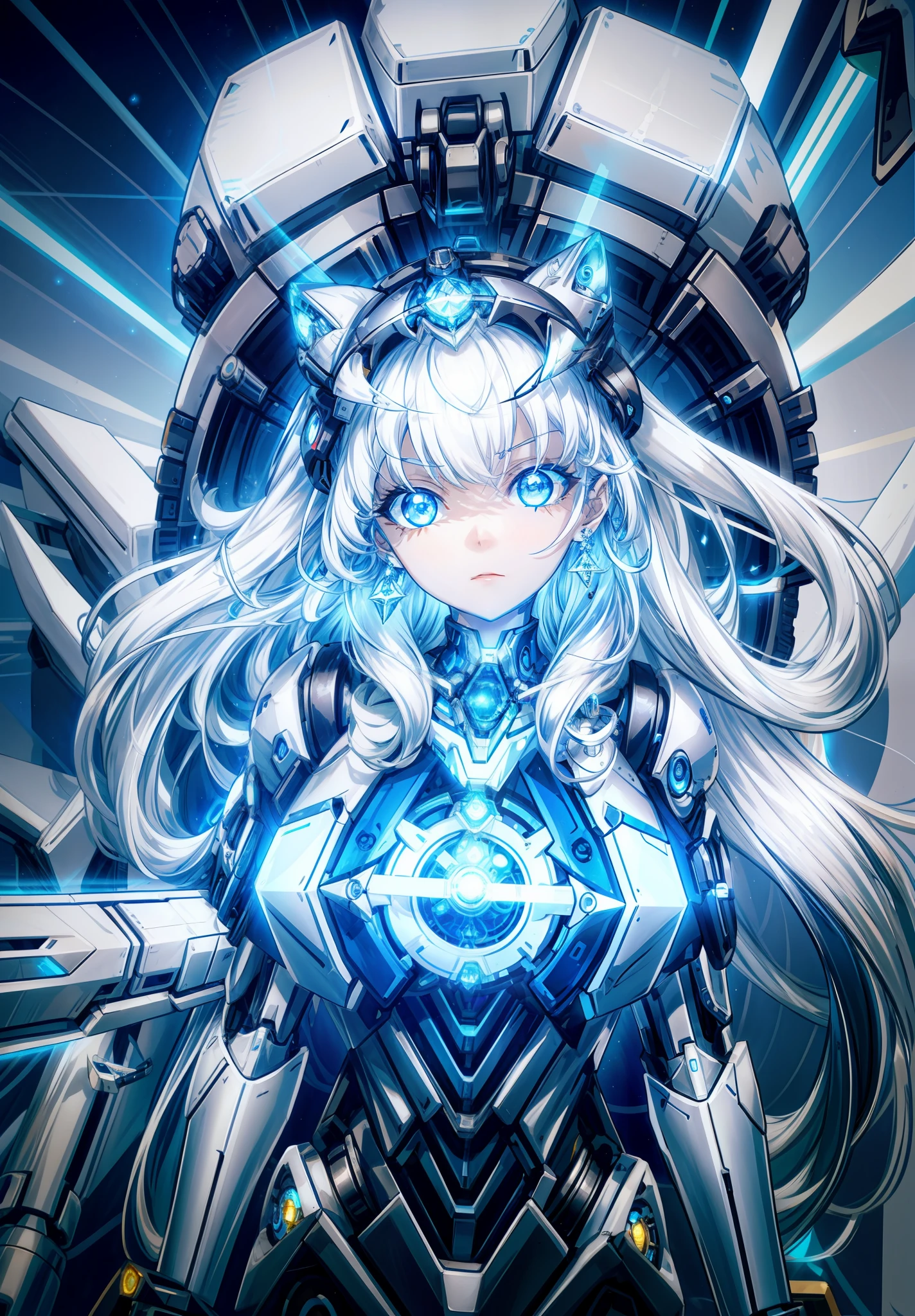 Elegant hair,1girl,solo,Mechanical Headwear,Angry expression,Look up the lens,white hair,long hair,whole body,mechanical arm,(glow:1.2),earrings,looking at viewer,mechanical necklace,Positive symmetrical composition,blue eyes,Robot Background,Diamond,The background of the huge light engine,mechanical leg,.