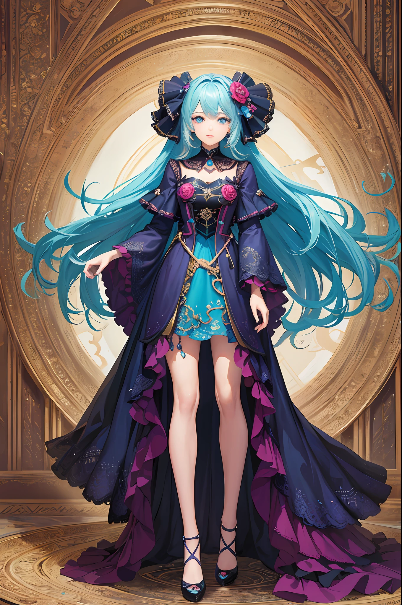 (Masterpiece, Top Quality, Best Quality, Official Art, Beauty and Aesthetics: 1.2), (1girl: 1.3), (Fractal Art: 1.3), Vibrant Aqua Blue Eyes, Medium Hair with Tassels, Full Body, Equal Proportions