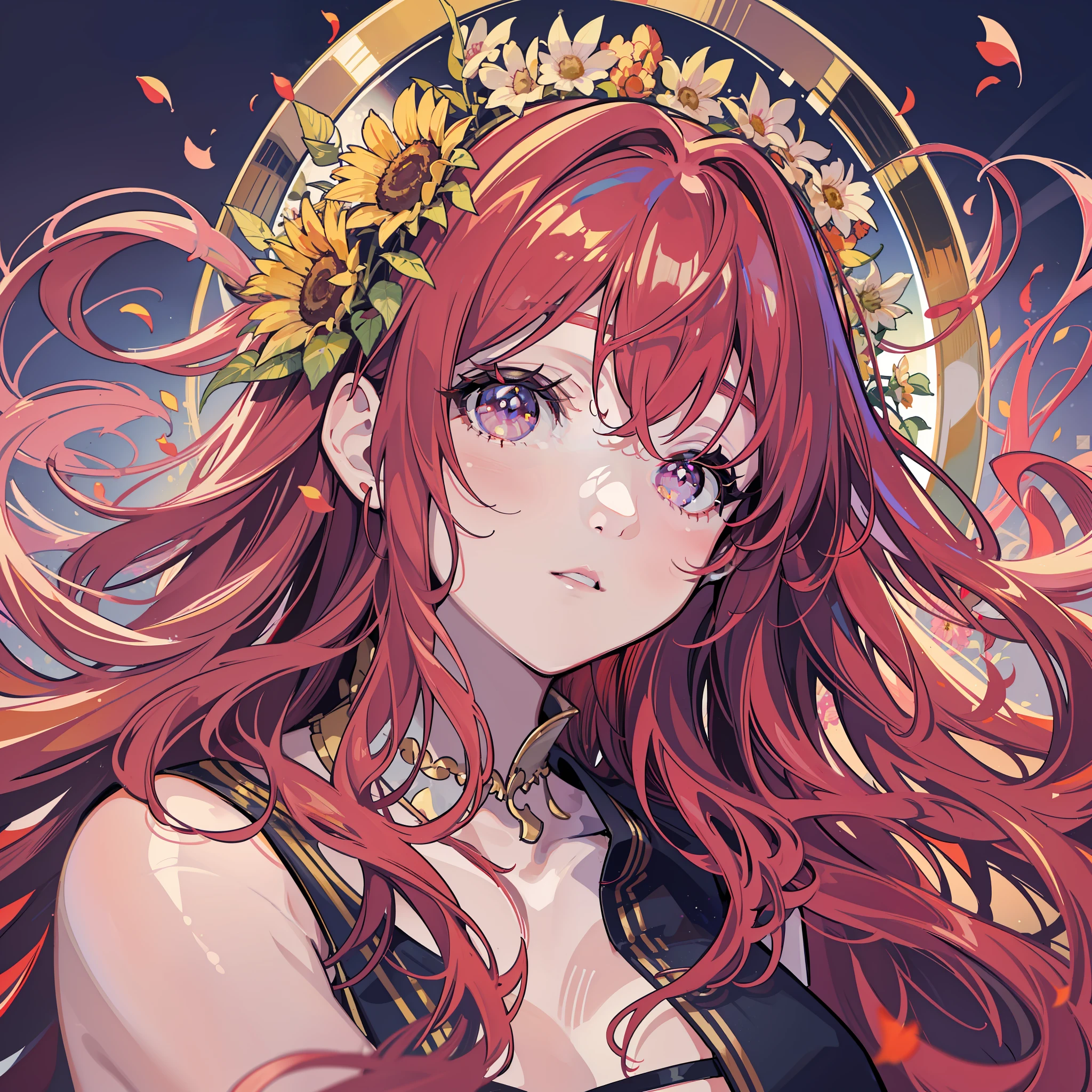 8K, masterpiece, best quality, night, full moon, 1 girl, mature woman, sister, woman with long red hair, long wavy hair, light pink lips, calm, rational, bangs, light brown pupils, wearing a sunflower on her head, flower background, dancing petals, delicate face, delicate hands, closeup