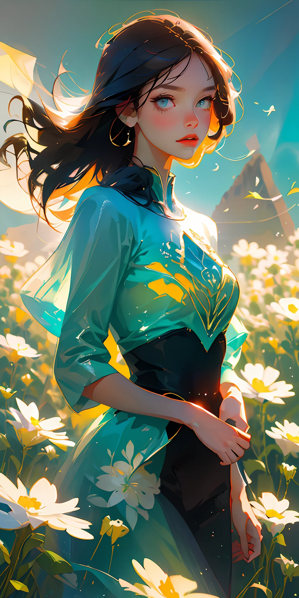 (best quality, masterpiece), 1girl, pose, particle, wind, flower, upper body, simple background, looking at viewer, focus on face, brunette,