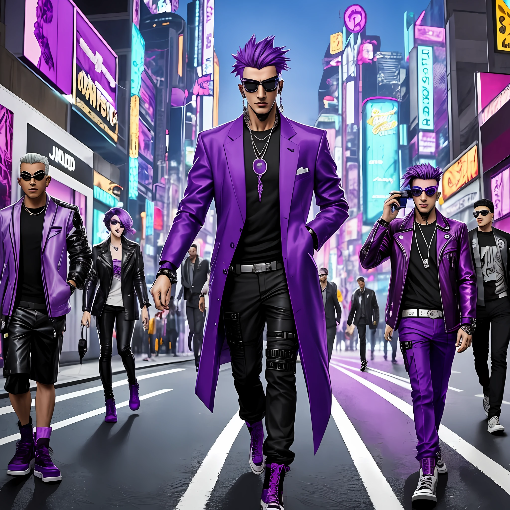 araffe man with purple hair and sunglasses talking on a cell phone, cyberpunk street goon, in cyberpunk style, posing as a jojo character, cyberpunk style outfit, guy using the purple fancy suit, in cyberpunk city, cyberpunk wearing, hero pose colorful city lighting, wearing cyberpunk streetwear, urban fantasy style, in a cyberpunk city, cyberpunk dude, cyberpunk dyed haircut