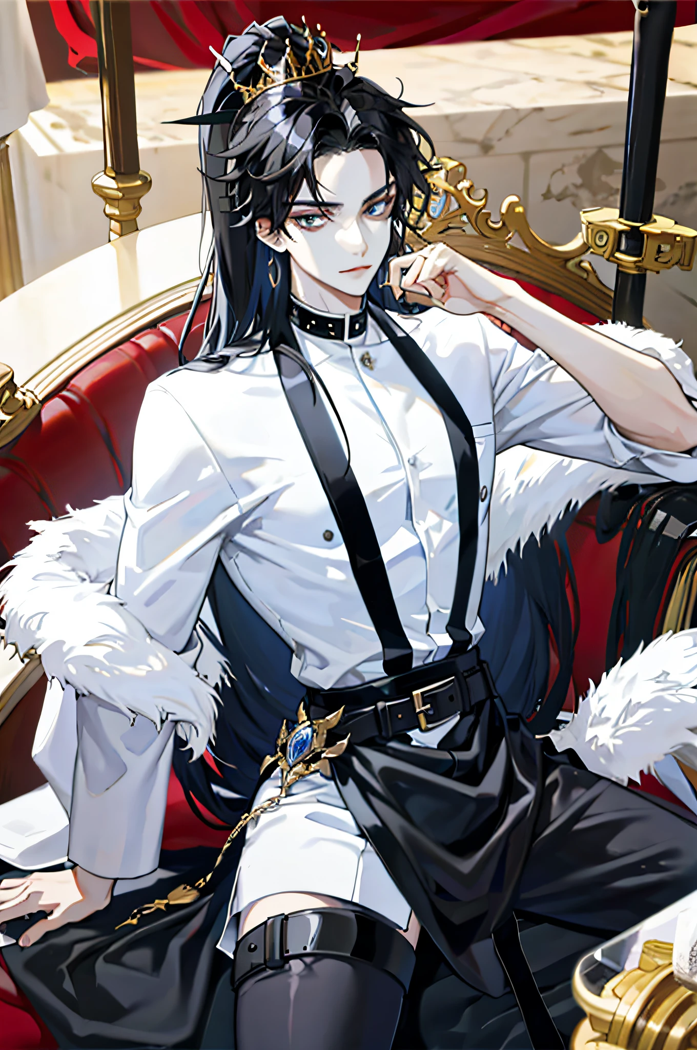 black hair, sexy, royalty, bad boy, white skin, high quality, very detailed, detailed face, bathtub, take a bath
