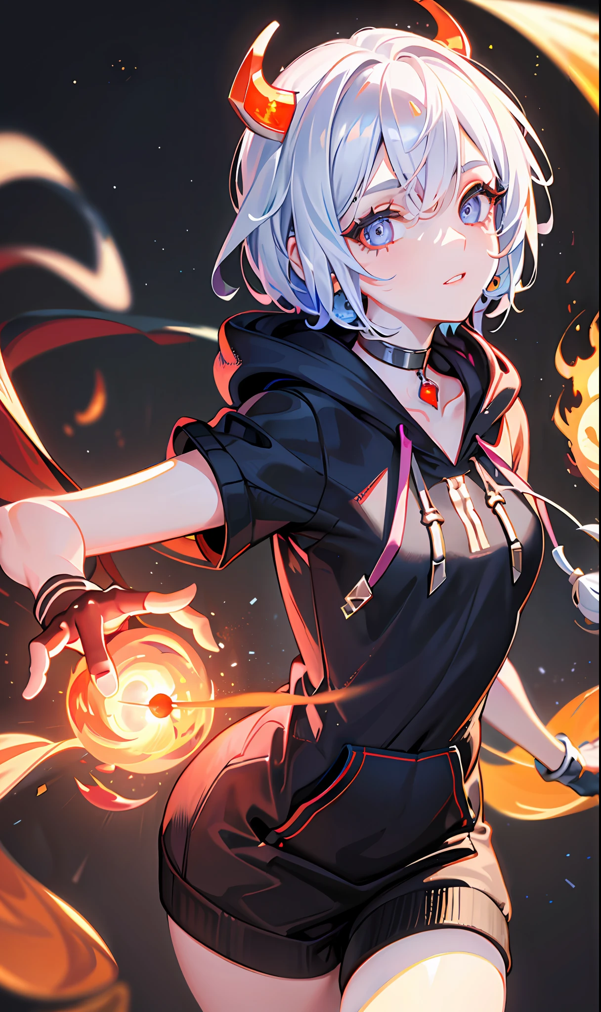 (Masterpiece, Side Light, Fine Beautiful Eyes: 1.2), (Masterpiece* Portrait), Portrait, (Bust), Realistic, 3D Face, Sweet Skin, ((Solo), (Face Close-up), (Fire Opal-like Eyes), Hanging Corner of the Eye, ((High Detail Skin, Visible Pores)), (Perfect Figure), A Beautiful Girl, Small Breasts, (((Hoodie)), (Neck Ring), (Short Gloves as Short as Half the Palm)