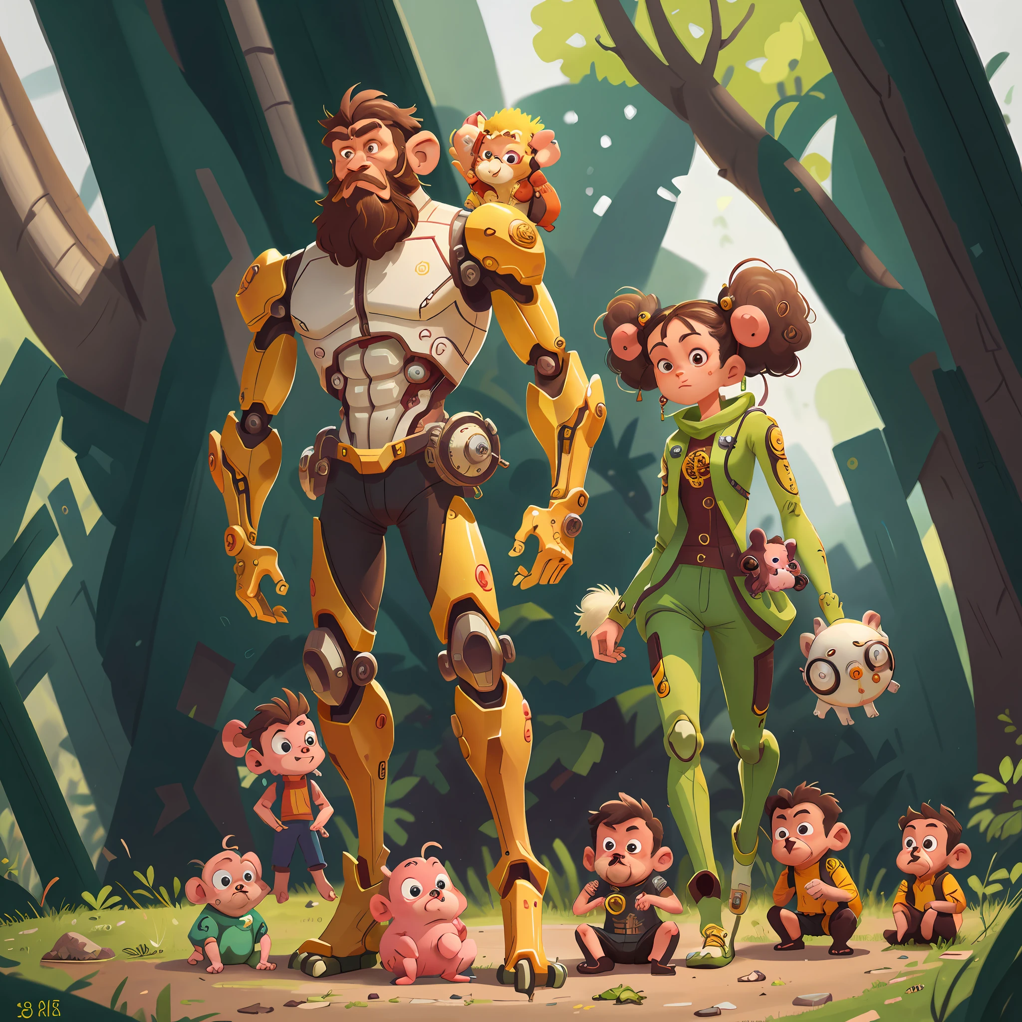 Biomechanical monkey with cybernetic body (1.2 masterpiece + 1.2 realism + bokeh + best quality + 1.3 detailed skin + intricate detail + 8K + detail eyes + sharp focus), clean background, composition vista, 85mm lens, 1 monkey, 1 pig, 1 bearded man, 1 white horse, 1 monk (happy).