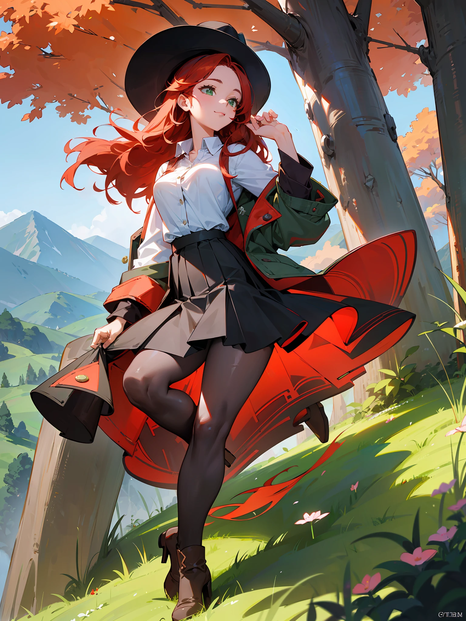 masterpiece, best quality, ultra detailed, outdoor, mountains, nature, happy, country boot, country hat, beautiful woman ((detailedly beautiful)), ((redhead, green eyes)), white shirt buttons, black schoolgirl skirt, high heels, contrast, close-up, cinematic light, side lighting, ultra high resolution, seductive look, ((red hair)), beautiful breasts, 4k, sexy, ((full body)) --auto --s2