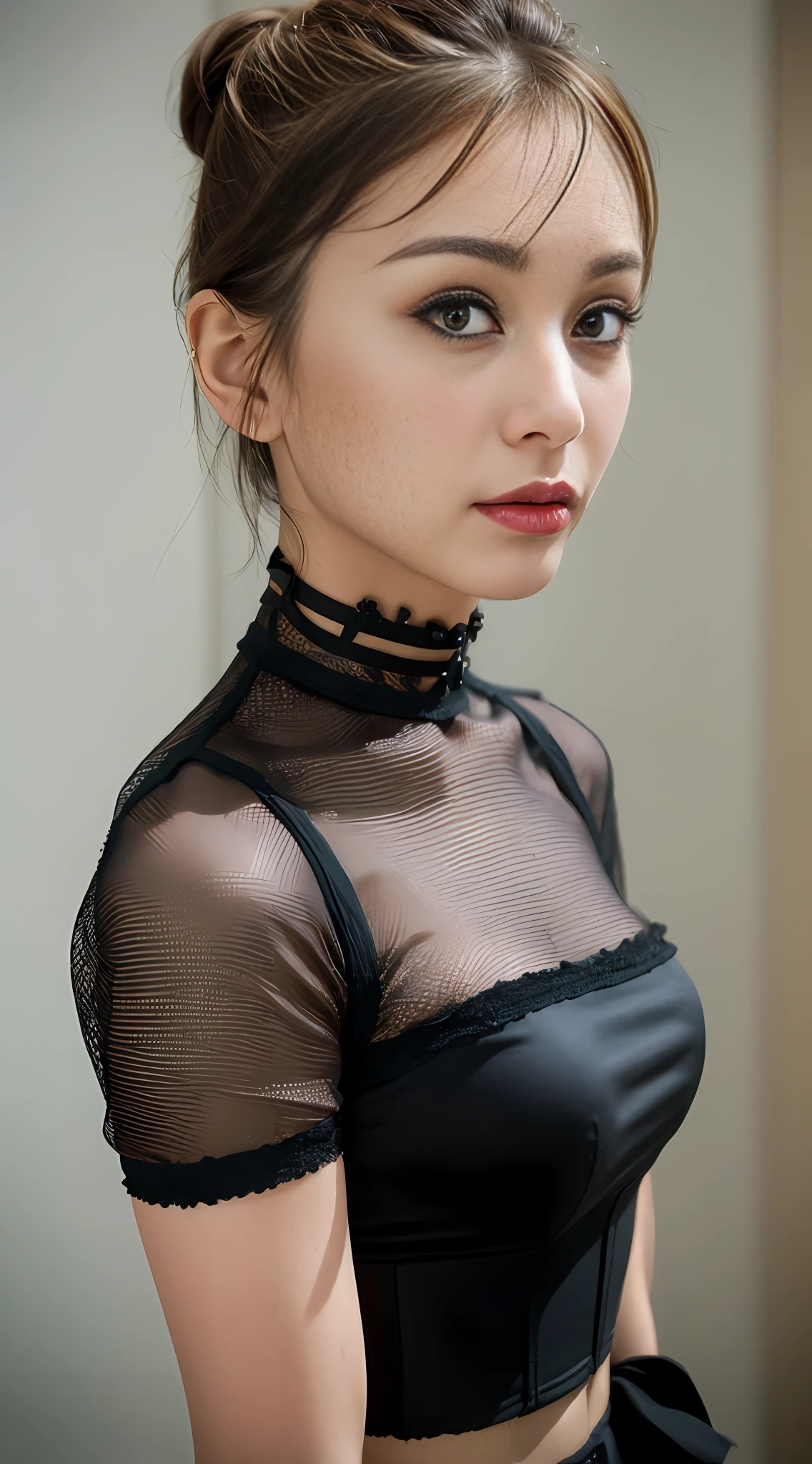 Foto de (Carol Barcelos:1.1) ((Top Quality, 8k, Masterpiece: 1.3)), Nítido Foco: 1.2, Mulheres Bonitas com Figura Perfeita: 1.4, Slender Abs: 1.2, ((Layer-cut, Big: 1.2)), (Rain, Street: 1.2), Wet Body: 1.5, Highly Detailed Face and Skin Texture, Detailed Eyes, Double Eyelids, Very Short Hair, Studio, BDSM, slave, Black Corset, Bondage, Collar, saia justa, contido, calcinha à parte, de baixo