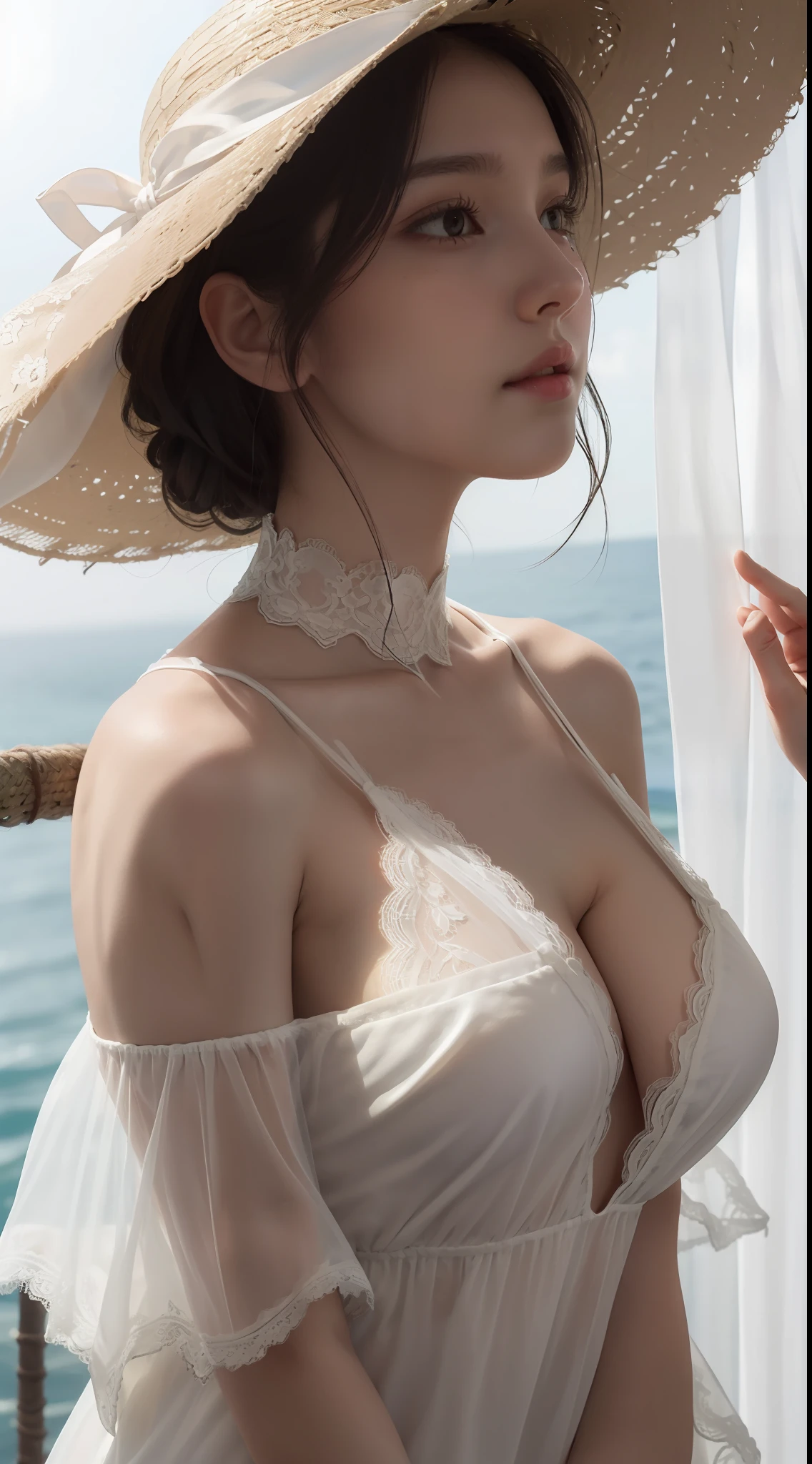 (close up:1.49), (face focus:1.66), ((side face:1.7)),(1girl surrounded by soft_light:1.49), (big boobs),(backlighting:1.4), (lighting),(flowing fabric:1.3), (sheer_fabric)((Lace_deep v-neck_summer_dress:1.5),(bare shoulders:1.5),(chest cutout:1.5),(Straw_hat:1.3)), (masterpiece), realistic, HDR, highly detailed, 8k, raw photo, ambient occlusion, natural, harmonious composition, warm tones, fine art photography,