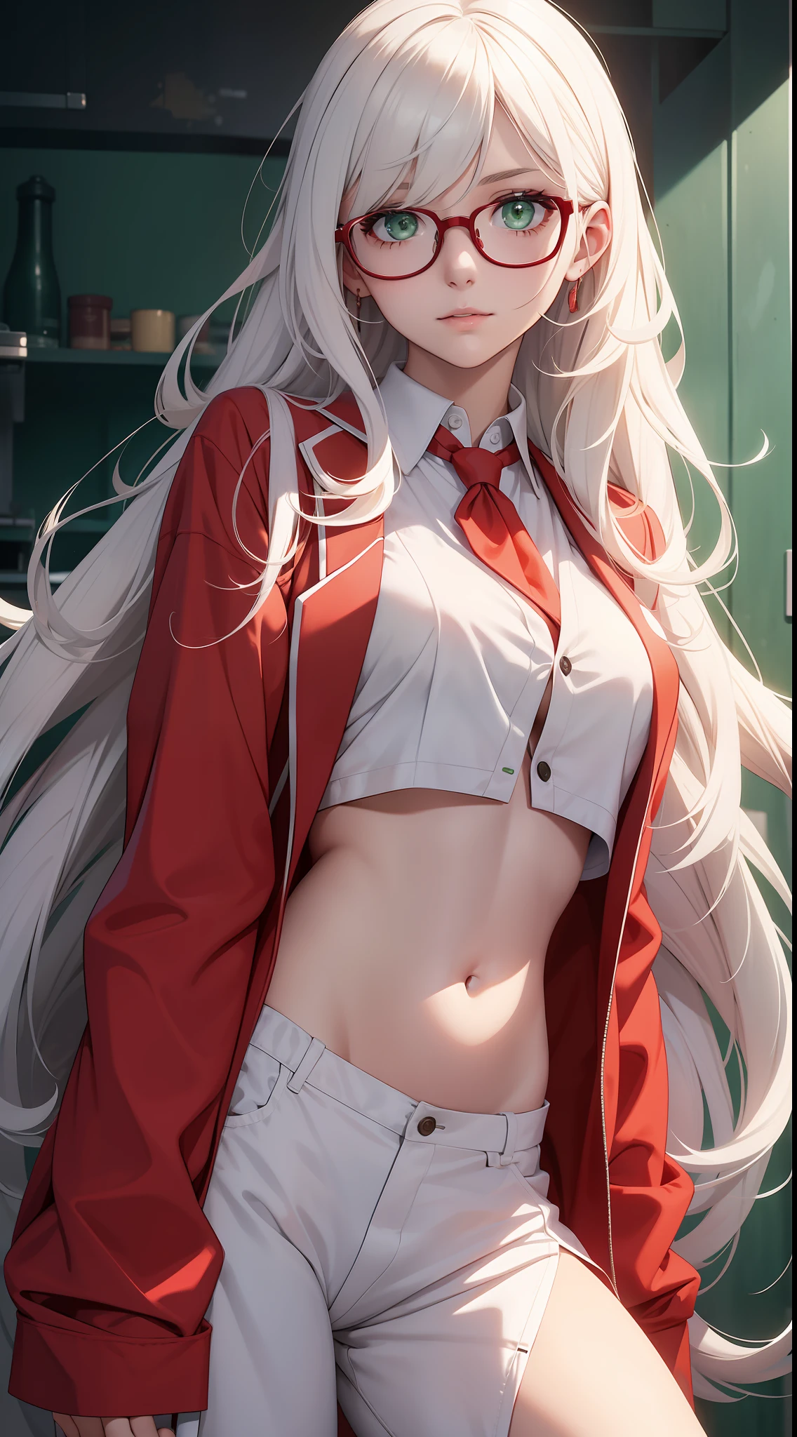 Young girl, long white hair, green eyes, red glasses, lab coat, rich beautiful shirt, open belly, masterpiece, high quality