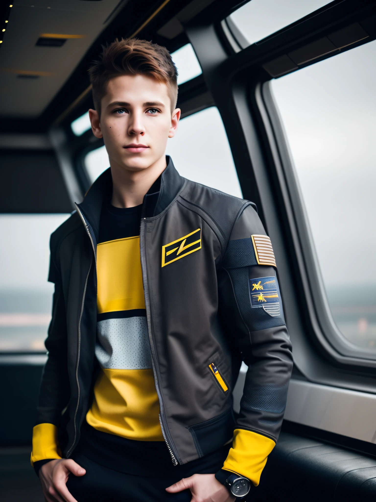 fking_scifi, award-winning photo of a young twink, black flight trunks with yellow accents, brown hair (gray eyes: 1.35), square jawline, asymmetrical face, standing in front of a window on a spaceship, dirty, gloomy atmosphere, toned body, bokeh, mass effect, fking_cinema_v2, perfect face looking at the viewer, (detailed skin), [tattoos], [freckles],